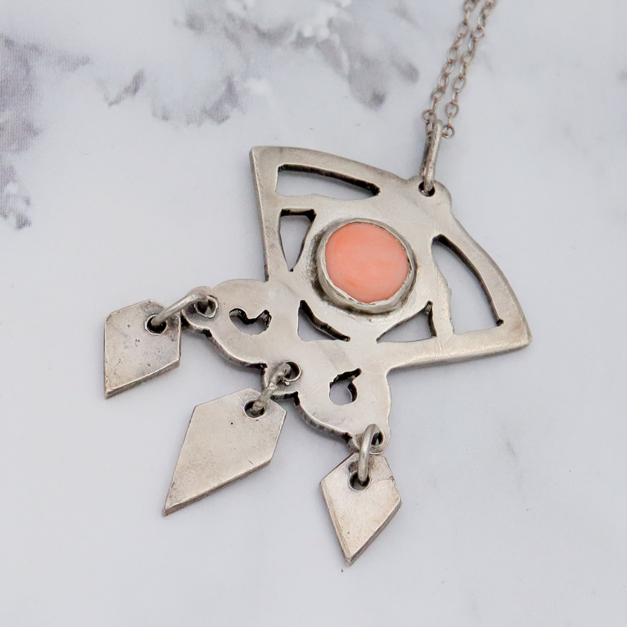 Antique Art Deco handmade sterling & pink coral pendant on a curb link necklace chain, 19”
