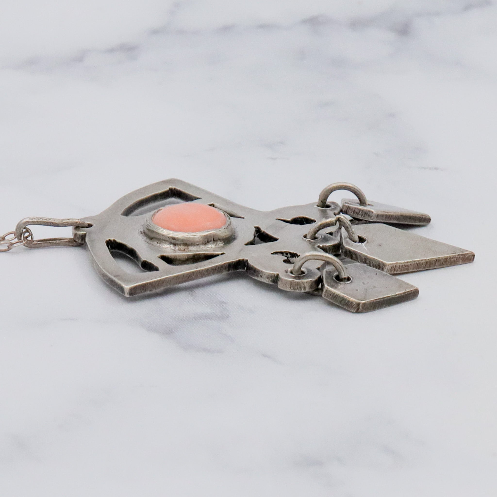 Antique Art Deco handmade sterling & pink coral pendant on a curb link necklace chain, 19”