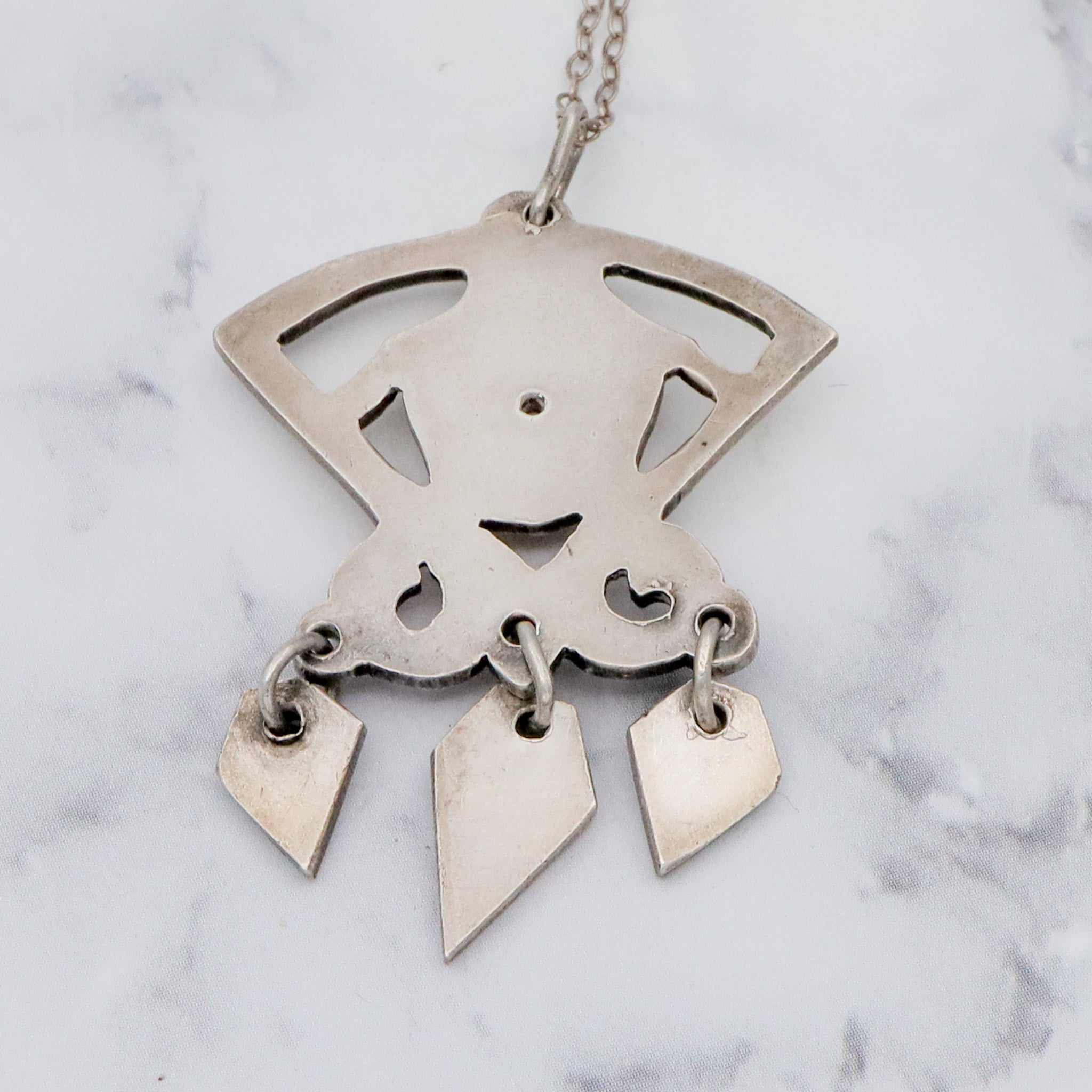 Antique Art Deco handmade sterling & pink coral pendant on a curb link necklace chain, 19”