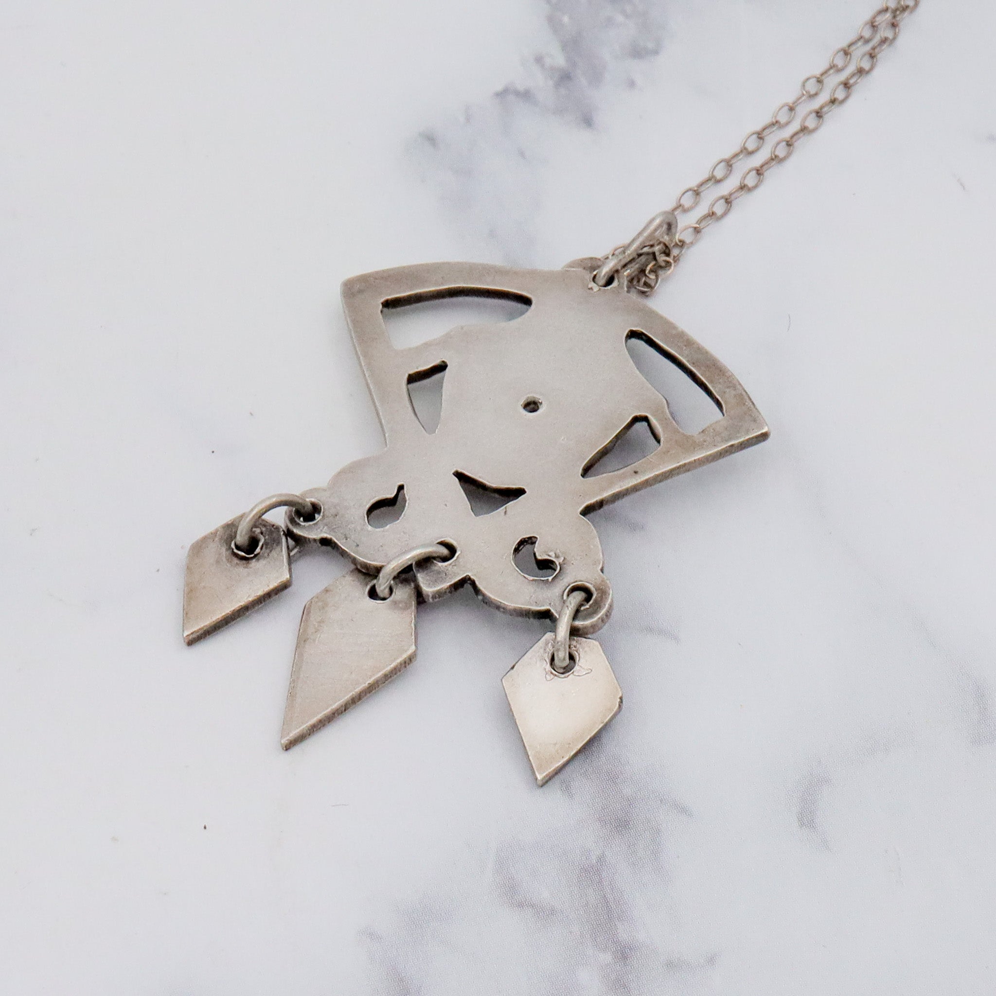 Antique Art Deco handmade sterling & pink coral pendant on a curb link necklace chain, 19”