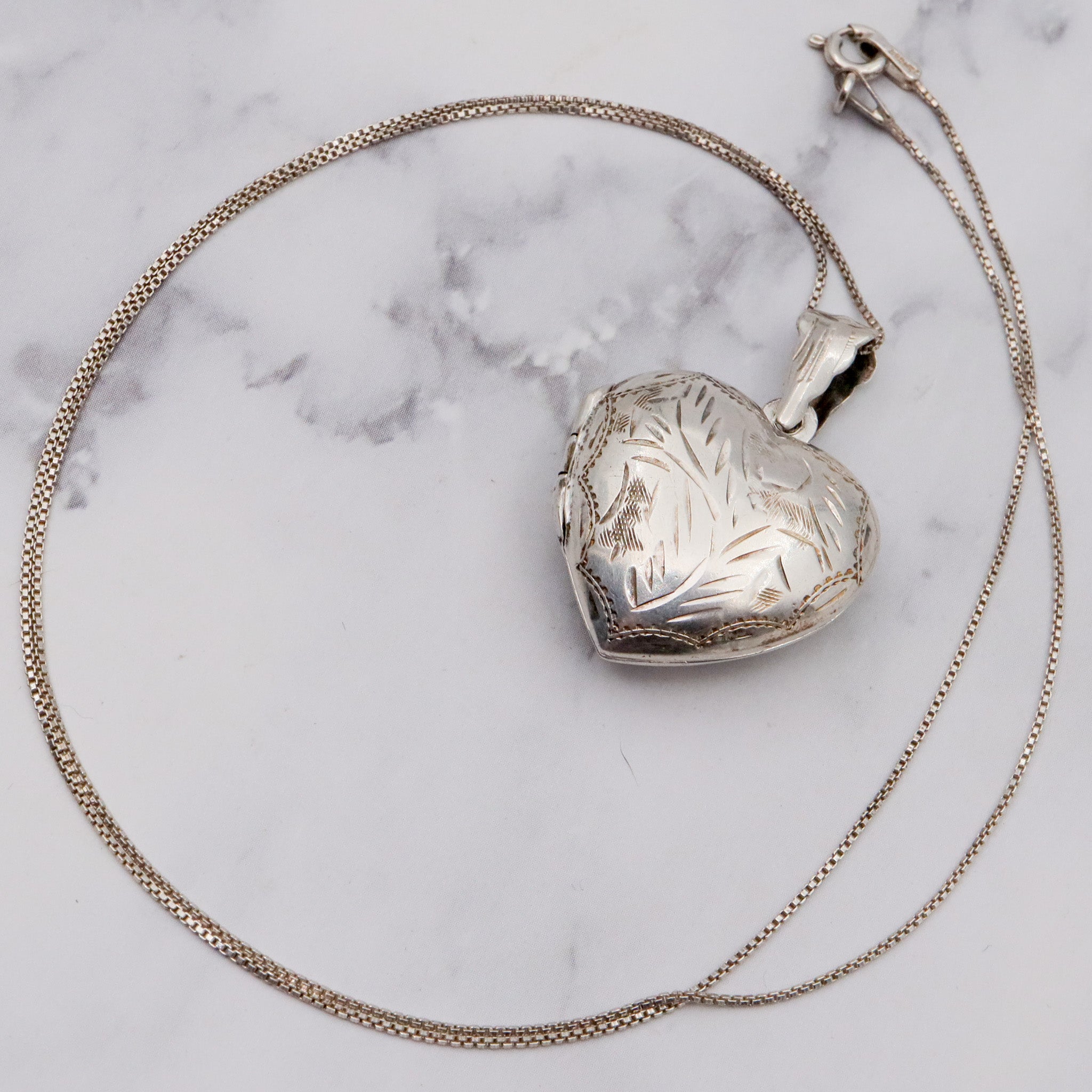 Vintage engraved sterling heart locket pendant on a box link necklace chain, 19”