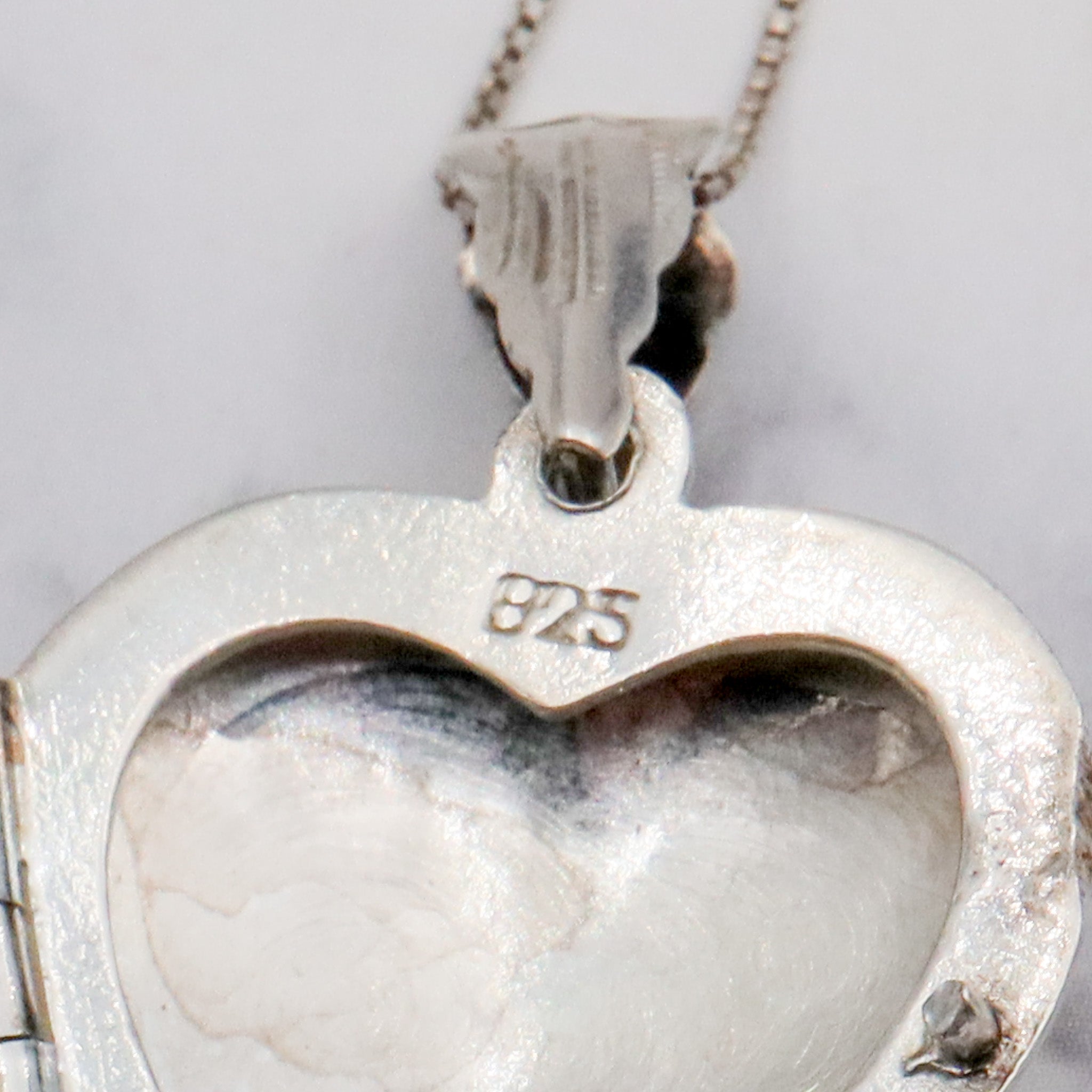 Vintage engraved sterling heart locket pendant on a box link necklace chain, 19”