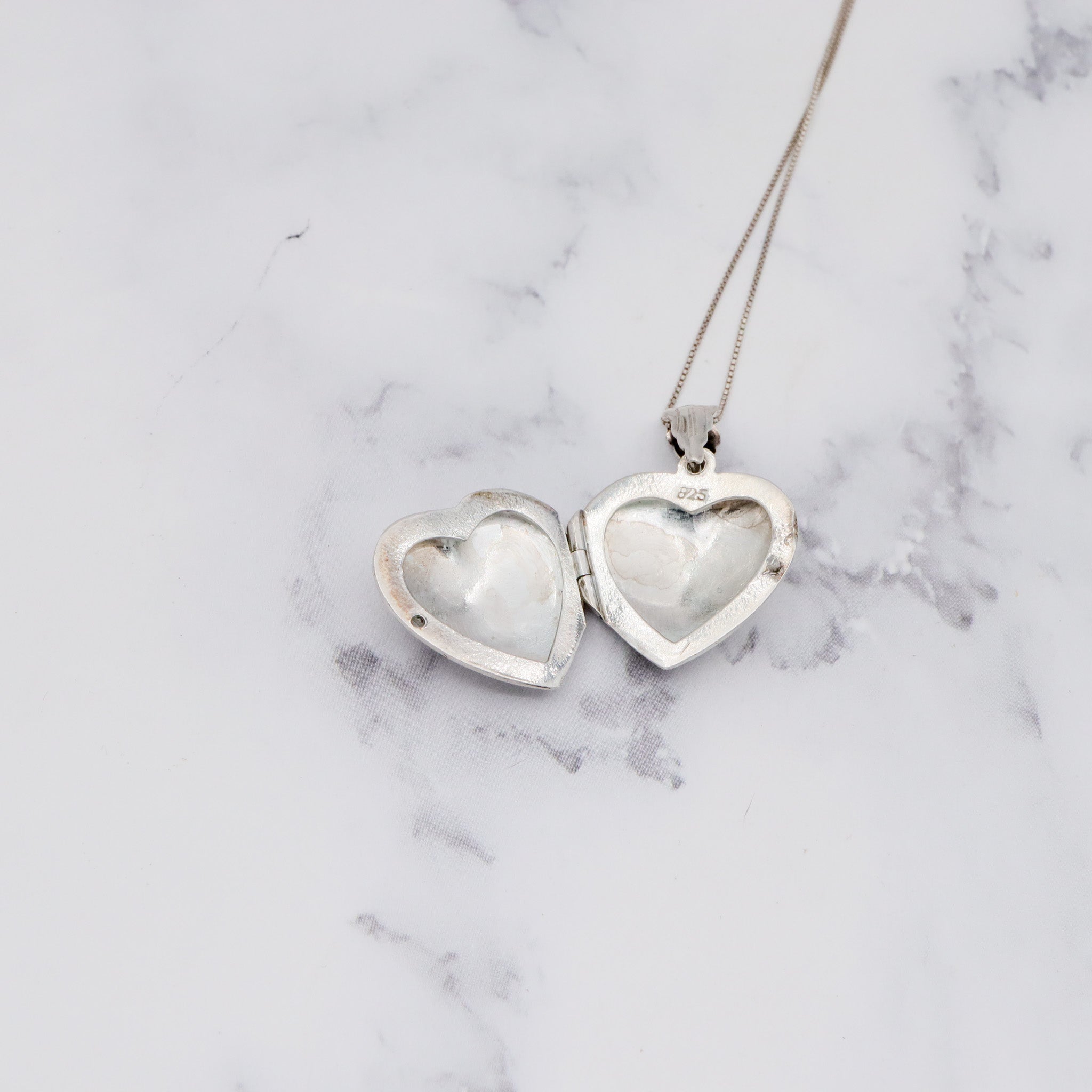 Vintage engraved sterling heart locket pendant on a box link necklace chain, 19”