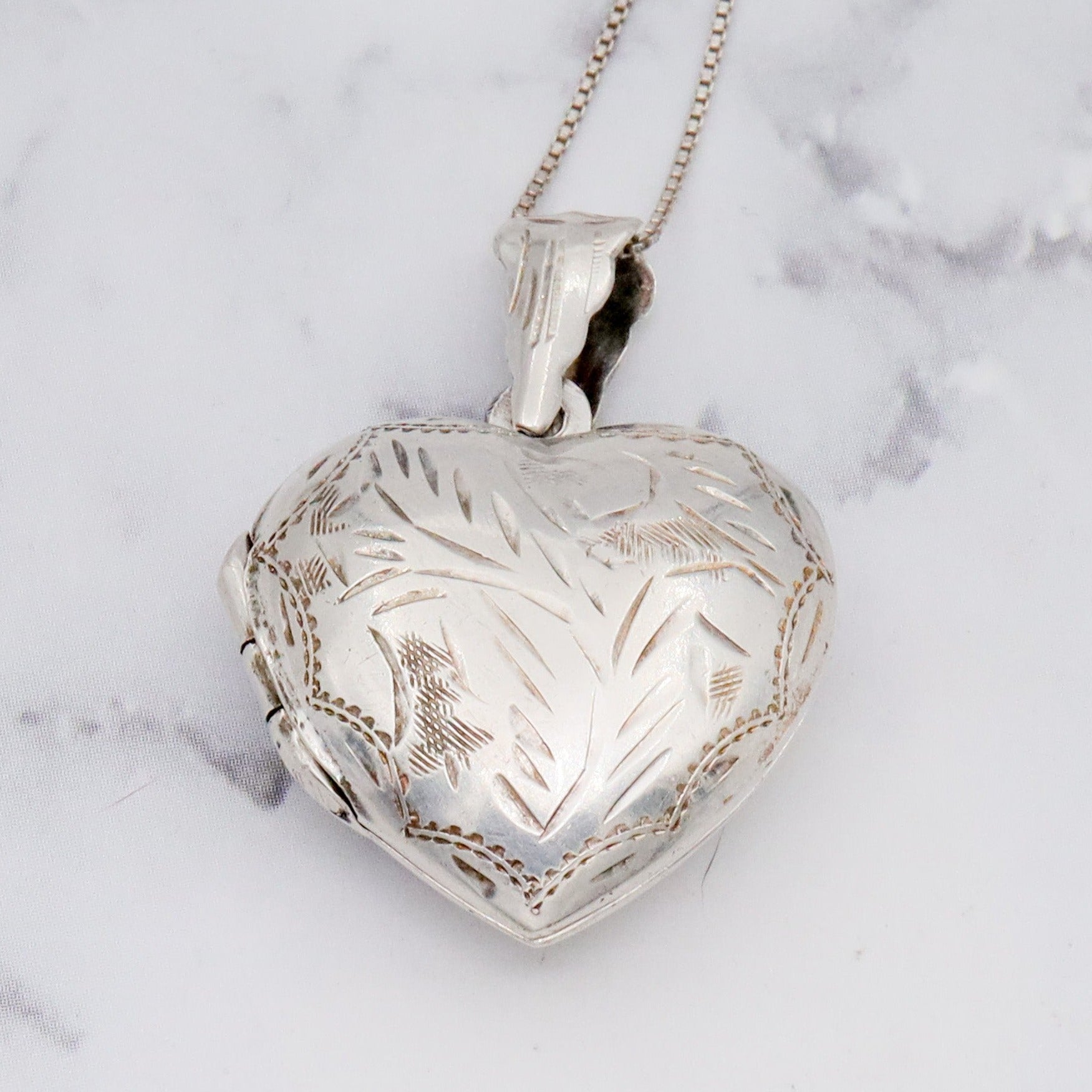 Vintage engraved sterling heart locket pendant on a box link necklace chain, 19”