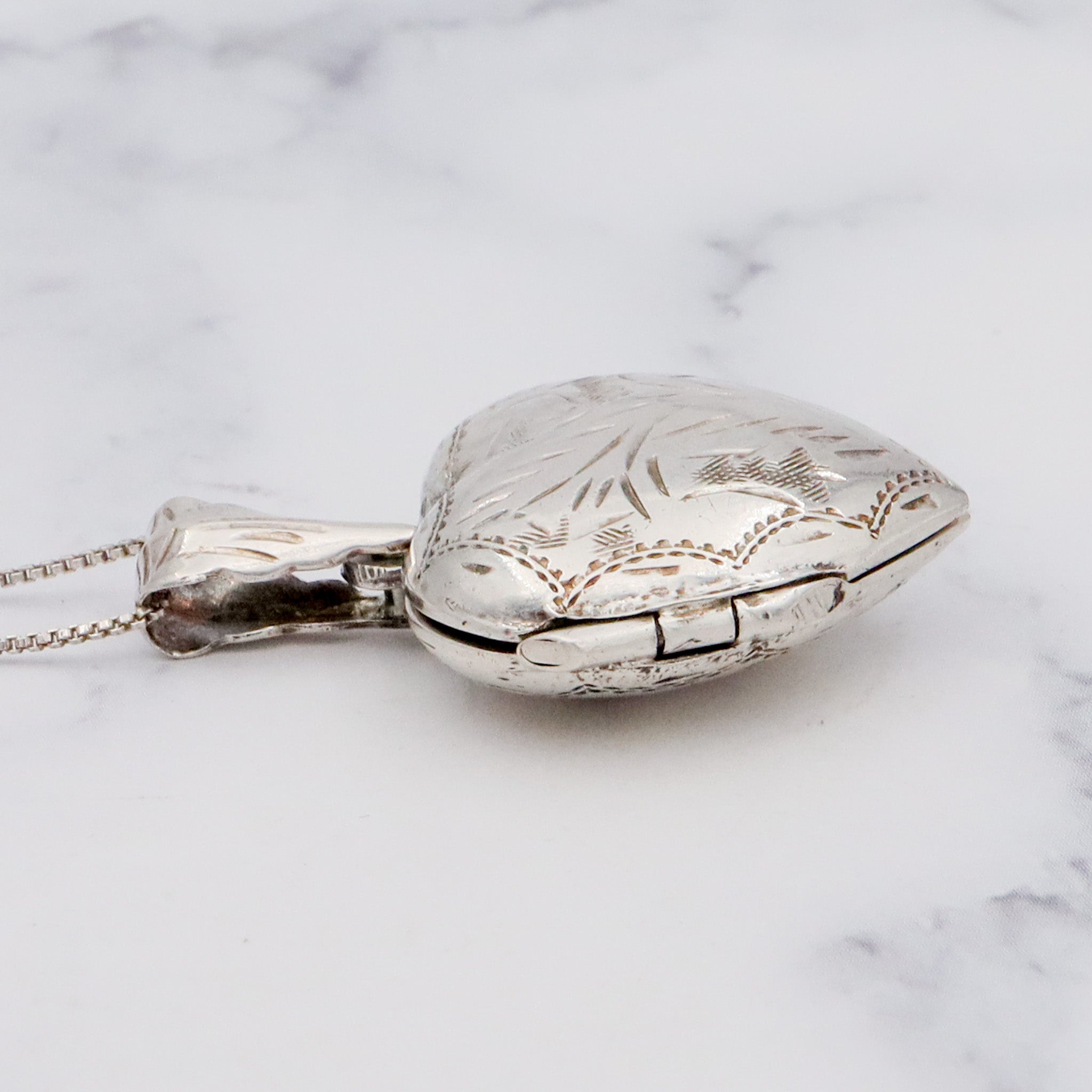 Vintage engraved sterling heart locket pendant on a box link necklace chain, 19”