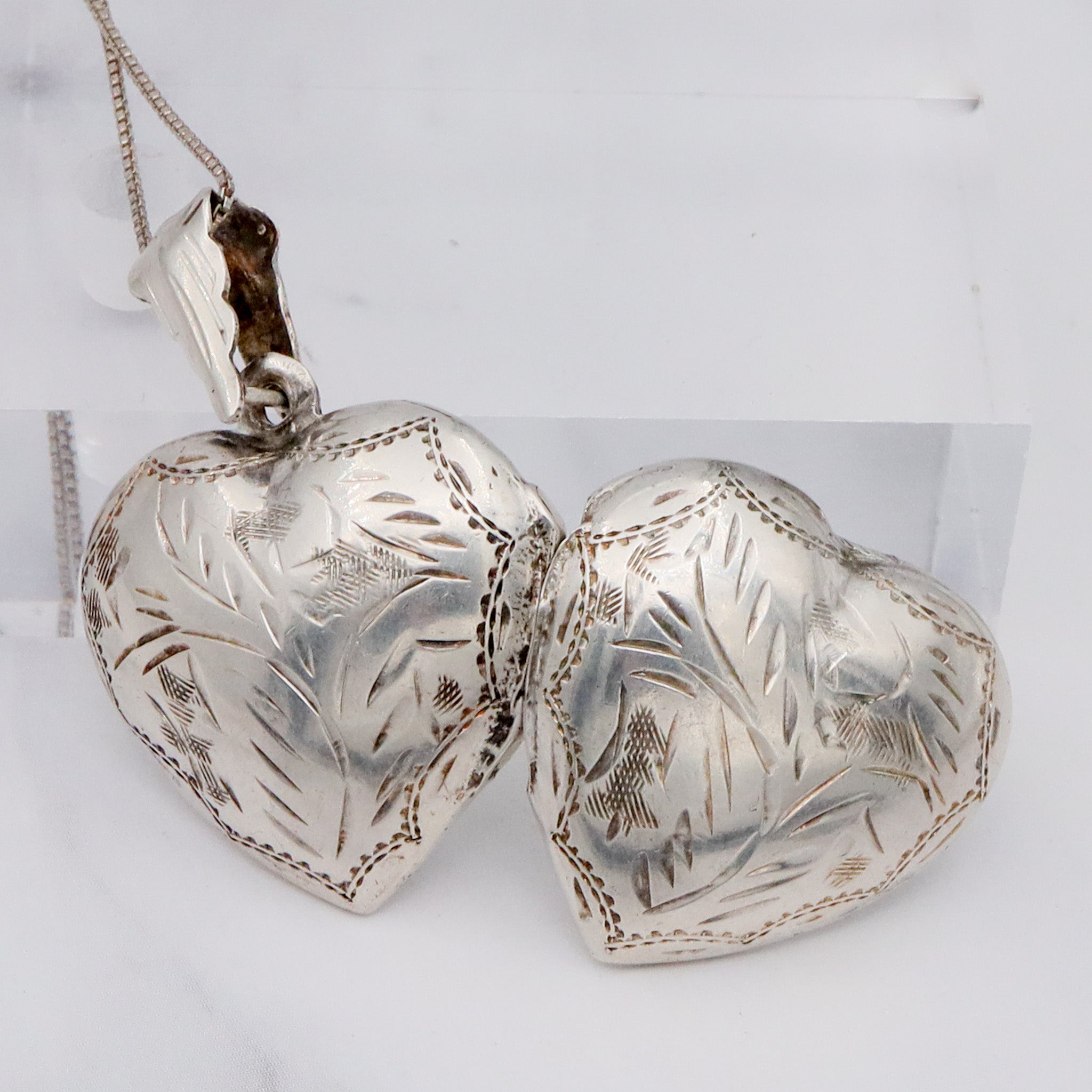 Vintage engraved sterling heart locket pendant on a box link necklace chain, 19”