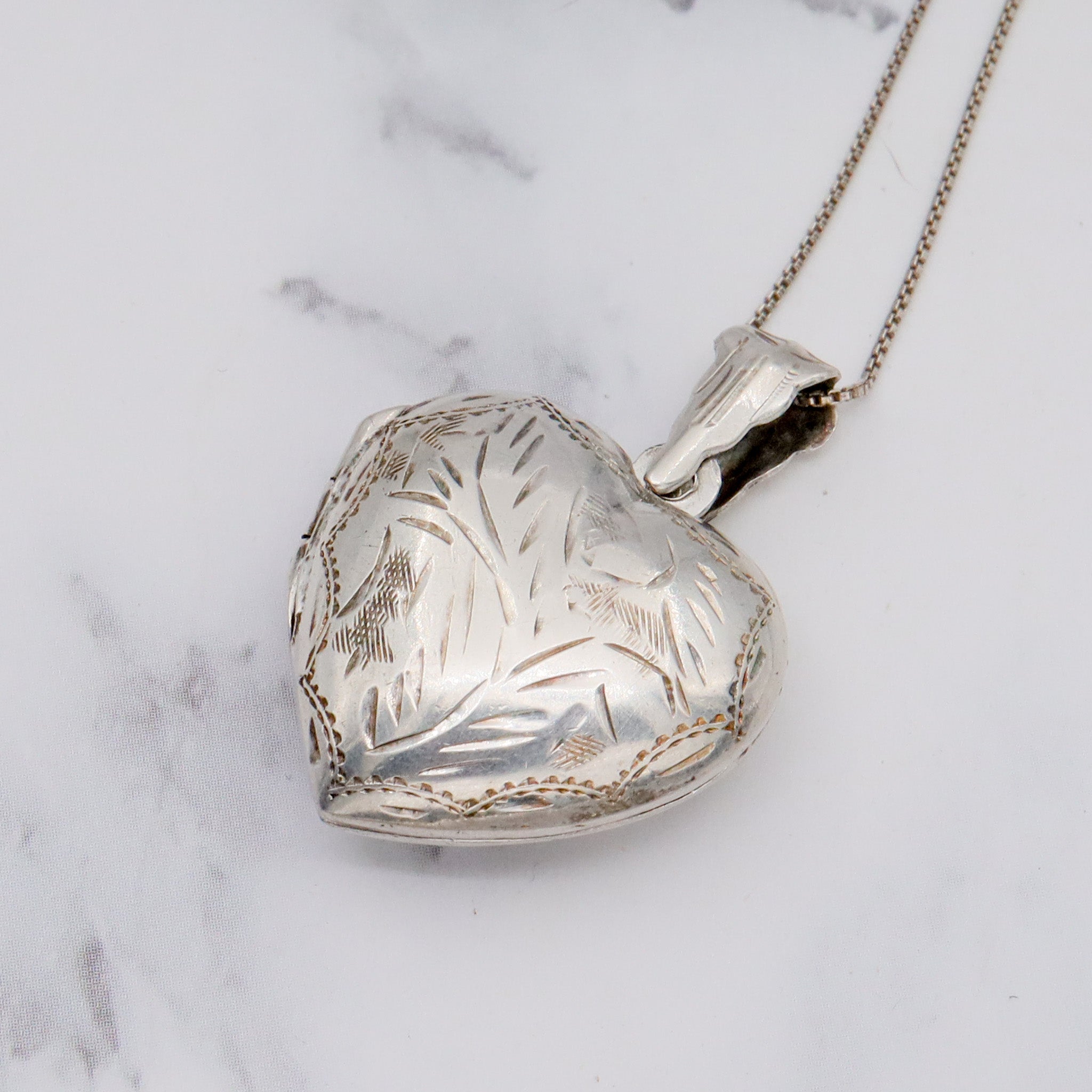 Vintage engraved sterling heart locket pendant on a box link necklace chain, 19”