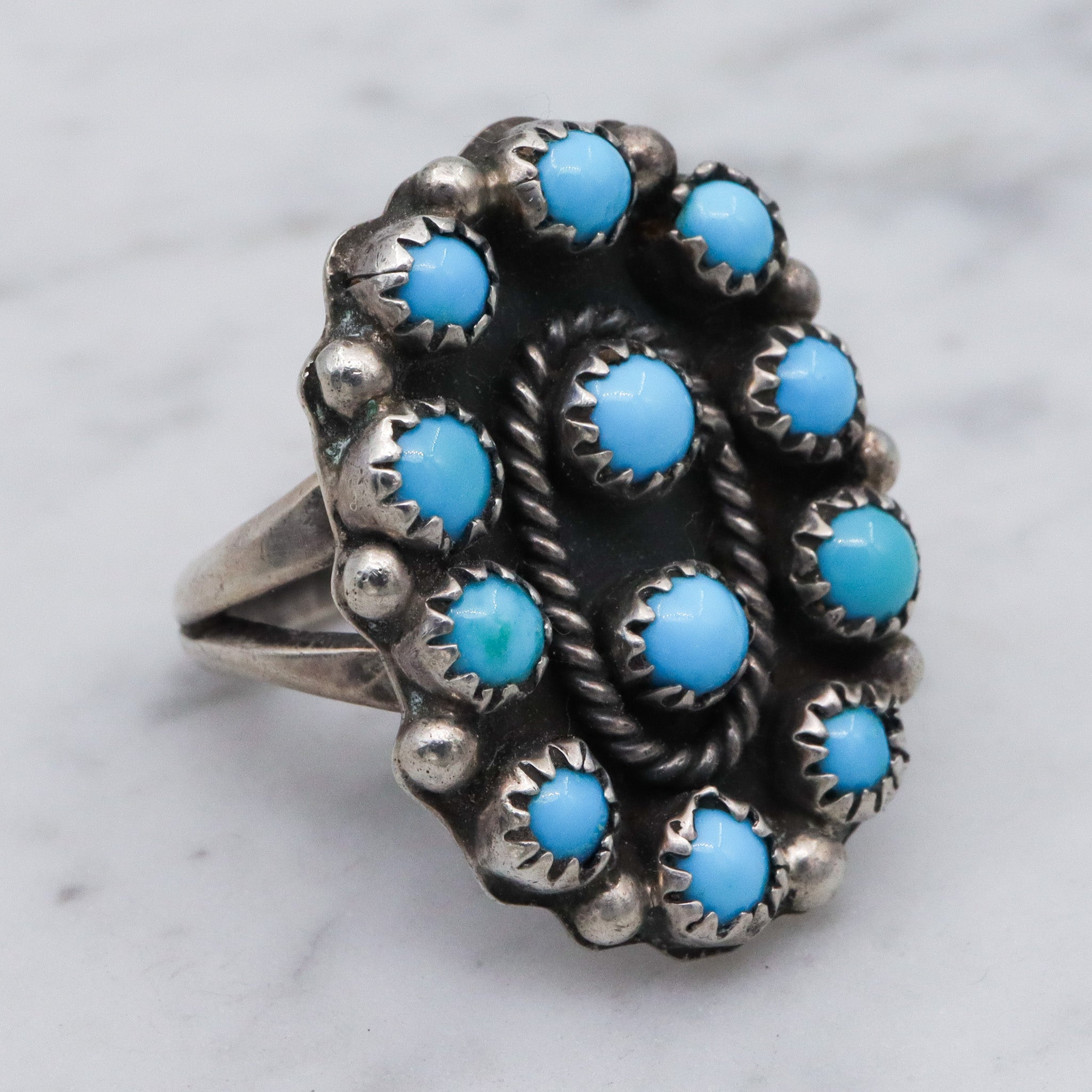 Vintage Navajo petite point sterling silver turquoise ring, sz 8