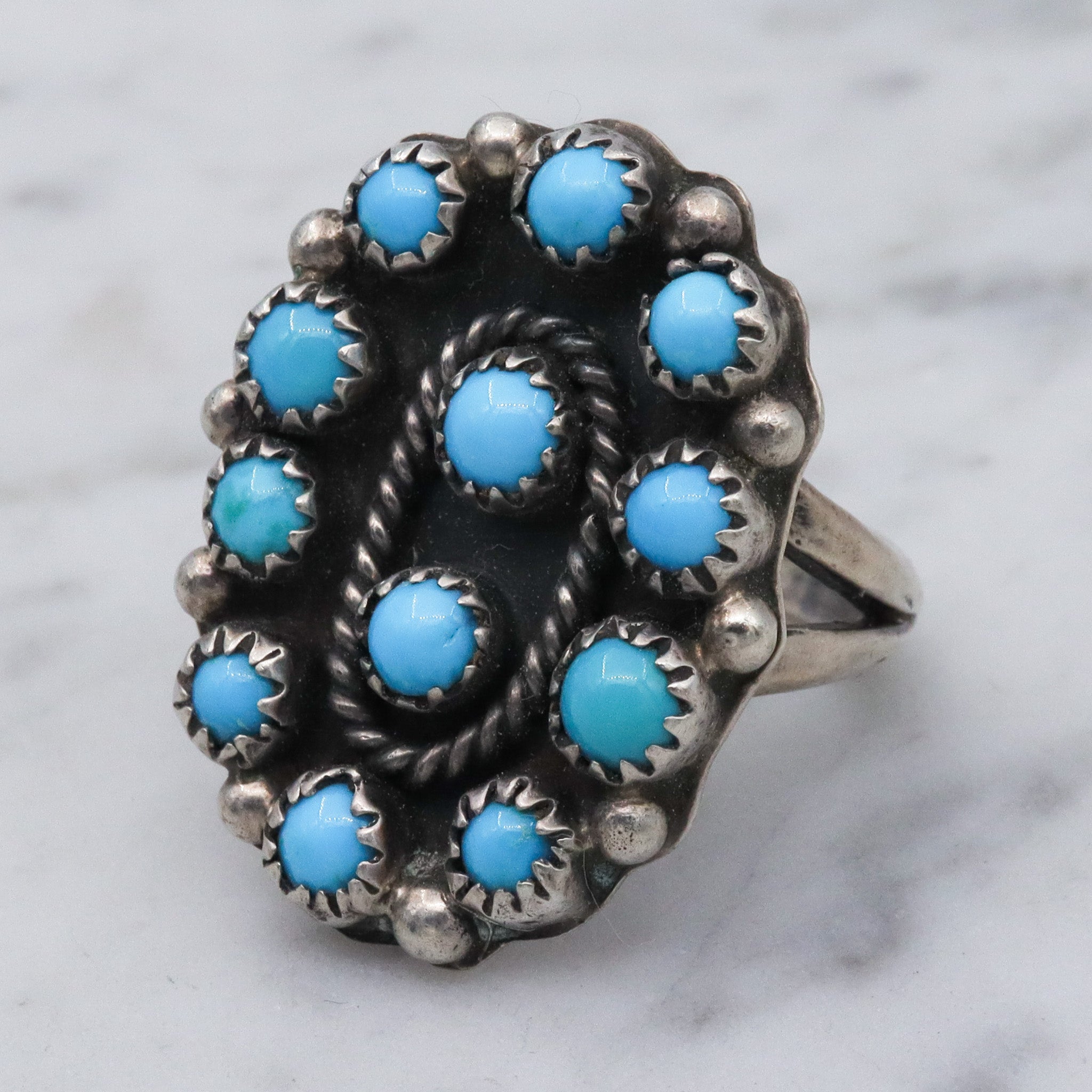 Vintage Navajo petite point sterling silver turquoise ring, sz 8