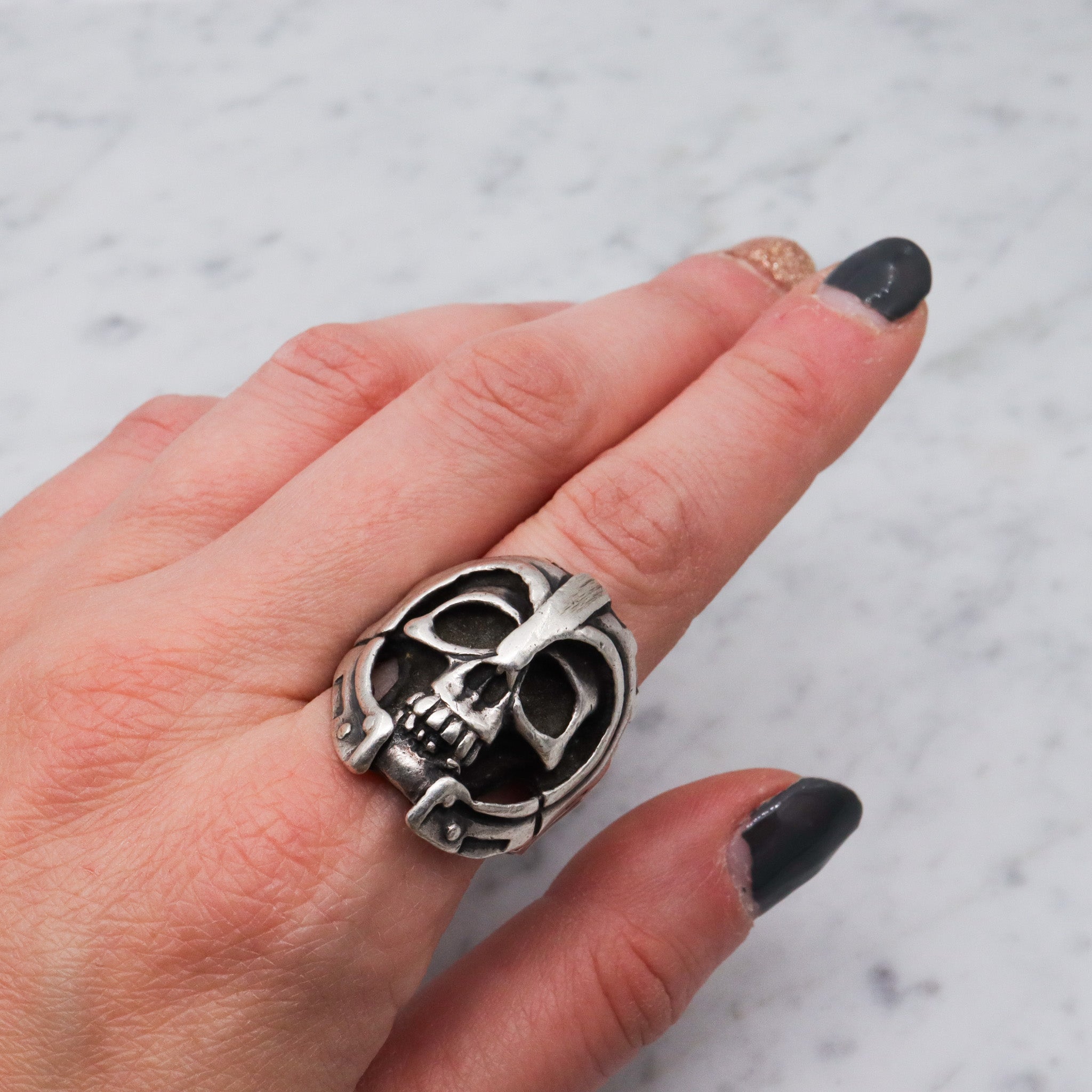 Retro sterling silver skeleton warrior heavy metal ring, sz 12