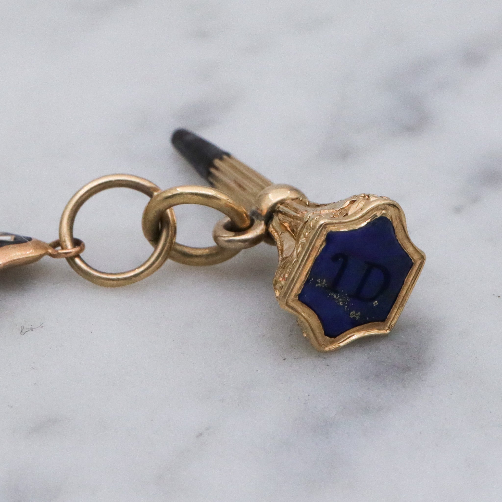 Antique Victorian 14k gold lapis seal fob with 14k gold & enamel links pocket watch fob chain