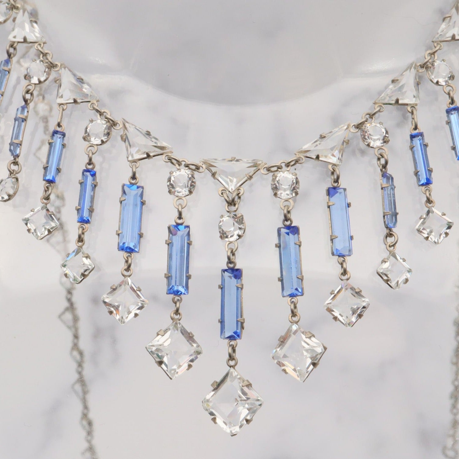 Antique Art Deco silver tone open back crystal chandelier necklace