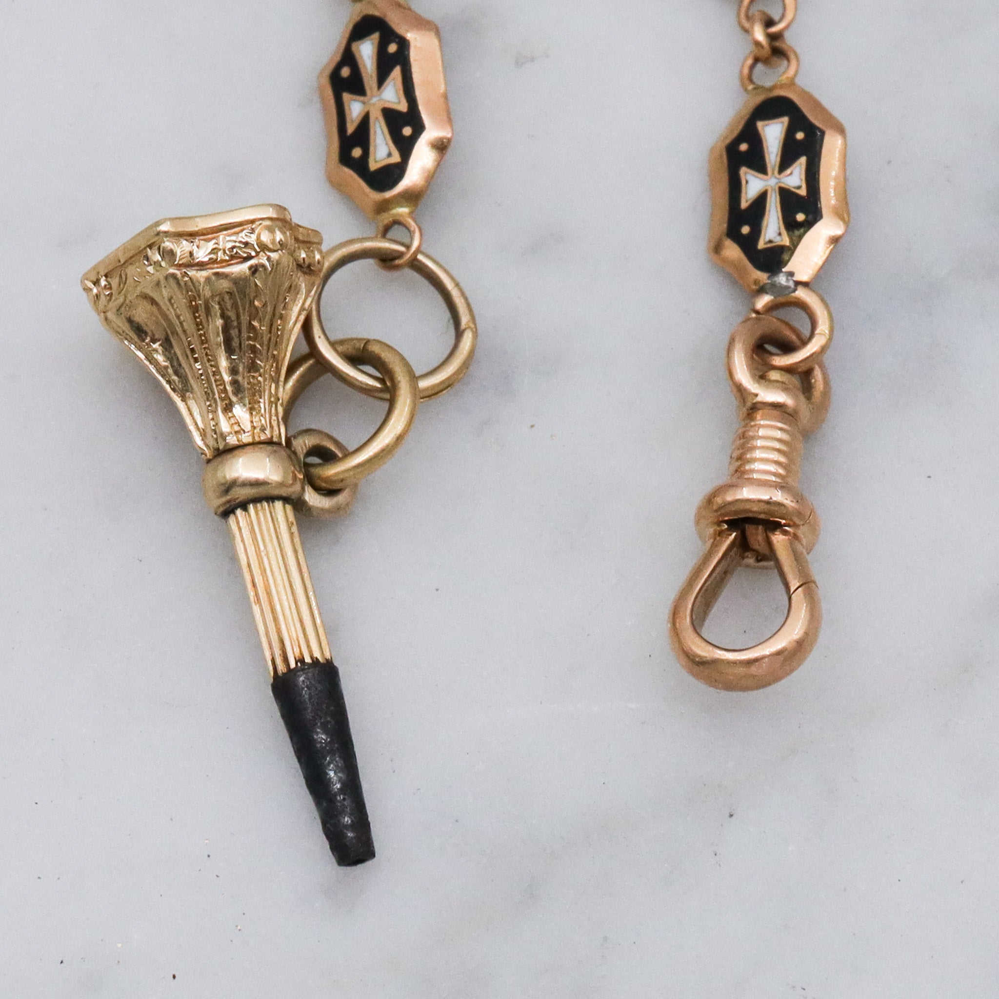 Antique Victorian 14k gold lapis seal fob with 14k gold & enamel links pocket watch fob chain