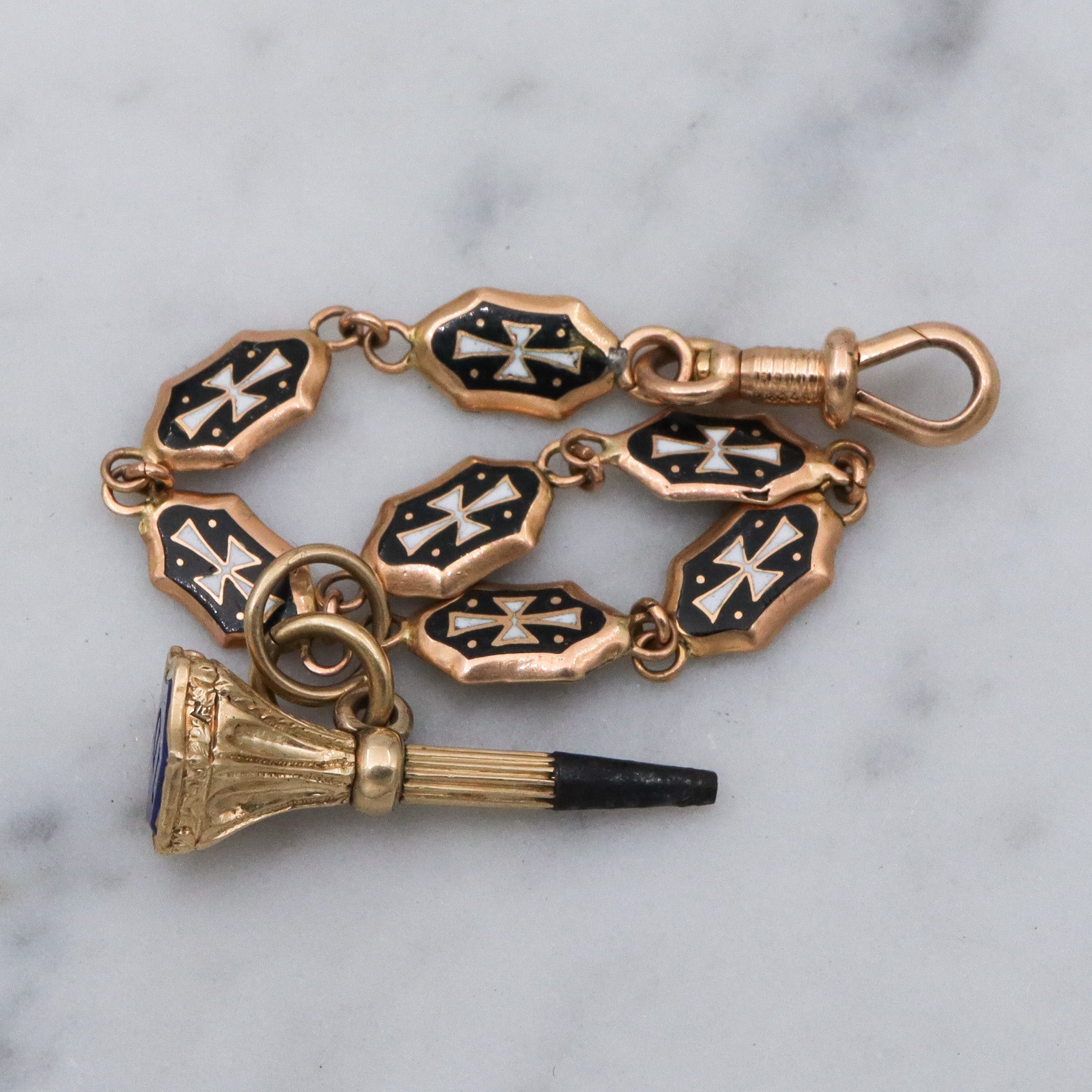 Antique Victorian 14k gold lapis seal fob with 14k gold & enamel links pocket watch fob chain