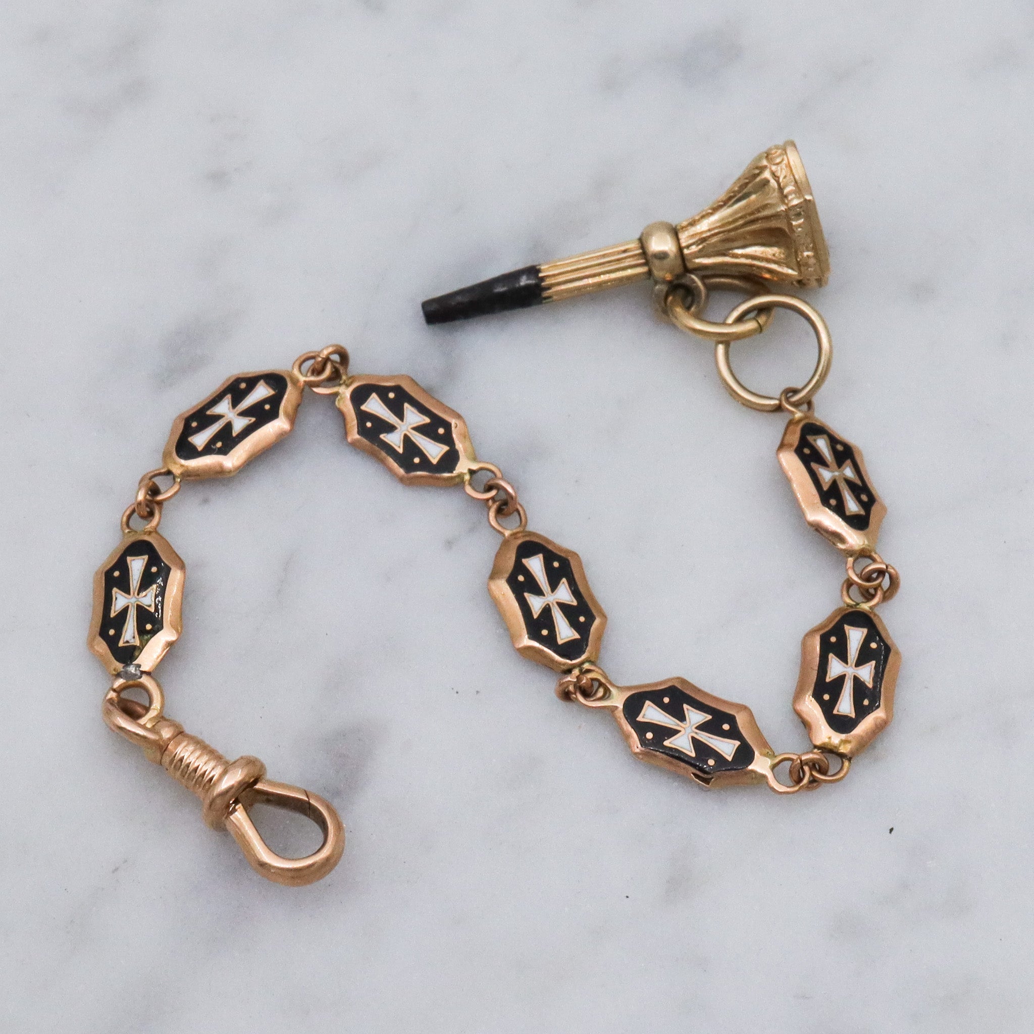 Antique Victorian 14k gold lapis seal fob with 14k gold & enamel links pocket watch fob chain