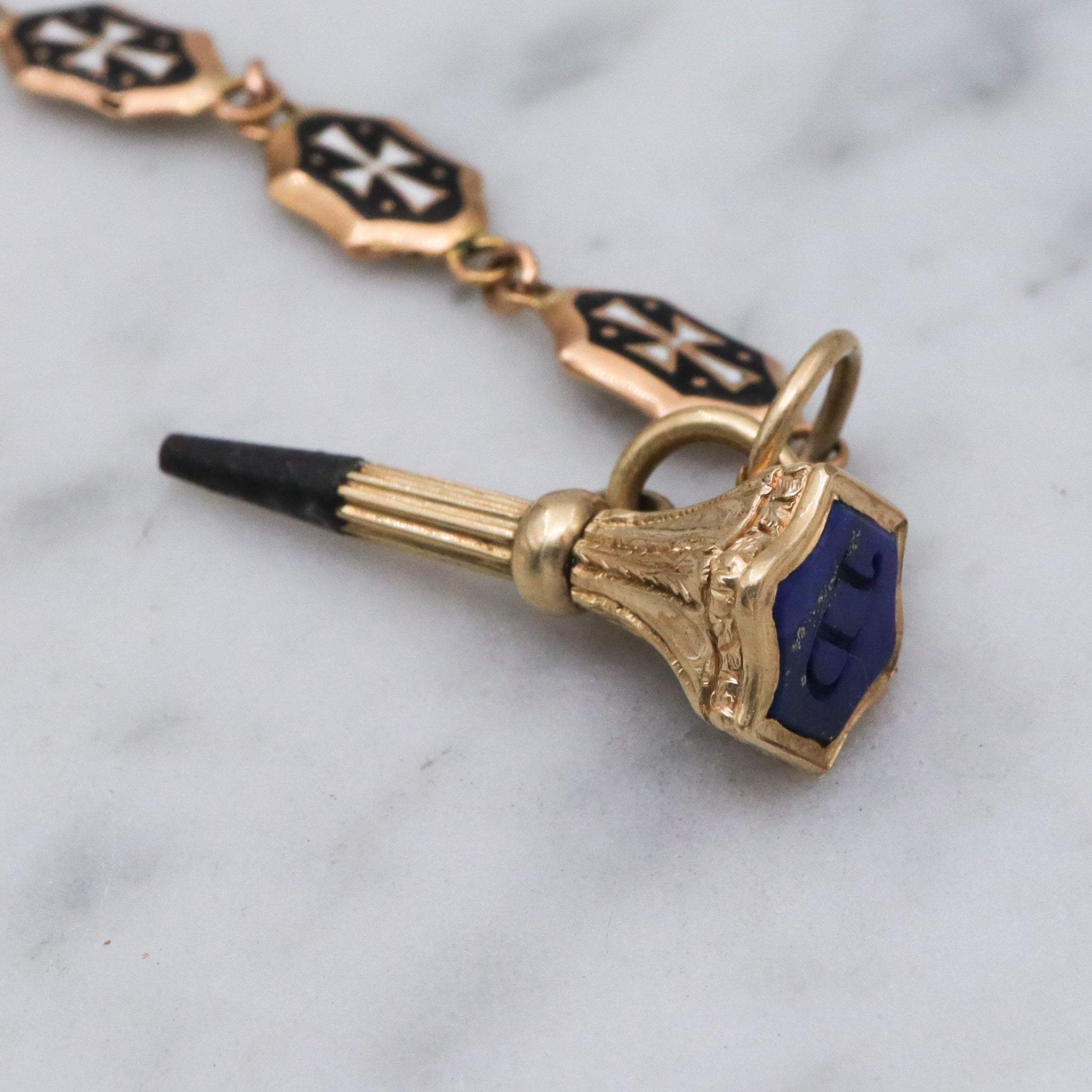 Antique Victorian 14k gold lapis seal fob with 14k gold & enamel links pocket watch fob chain