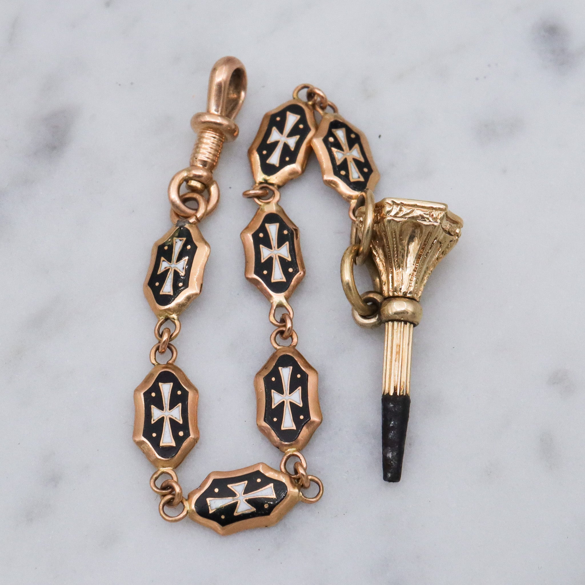 Antique Victorian 14k gold lapis seal fob with 14k gold & enamel links pocket watch fob chain