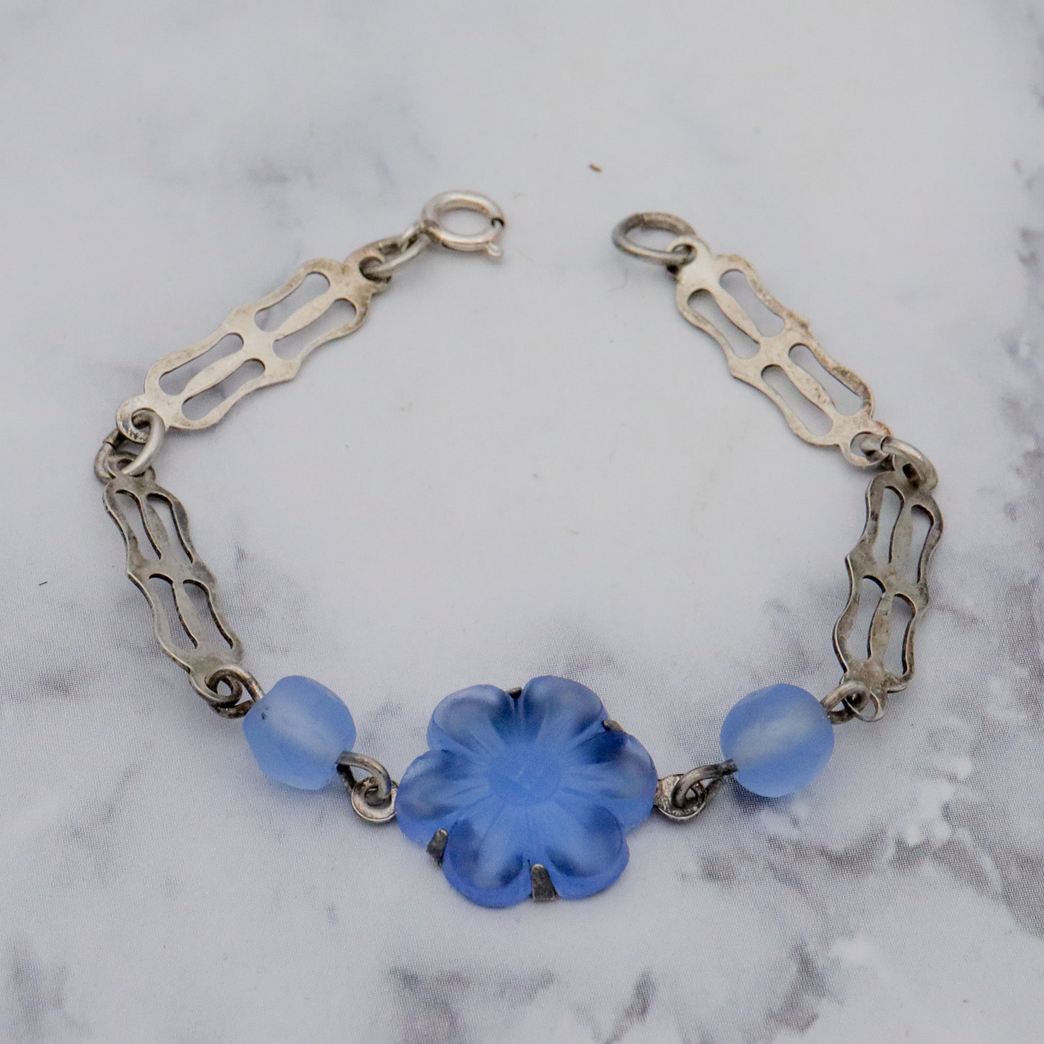 Antique Art Deco sterling silver & frosted molded glass child’s necklace and bracelet set