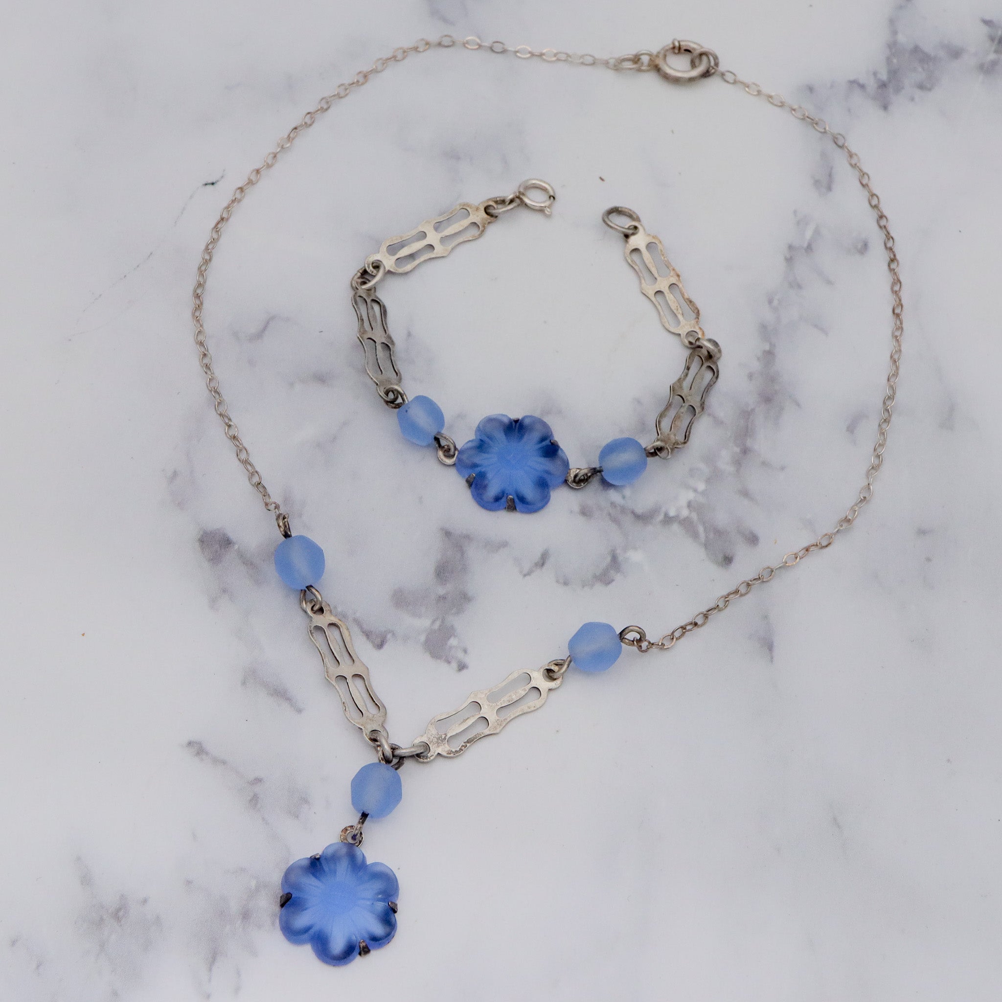 Antique Art Deco sterling silver & frosted molded glass child’s necklace and bracelet set