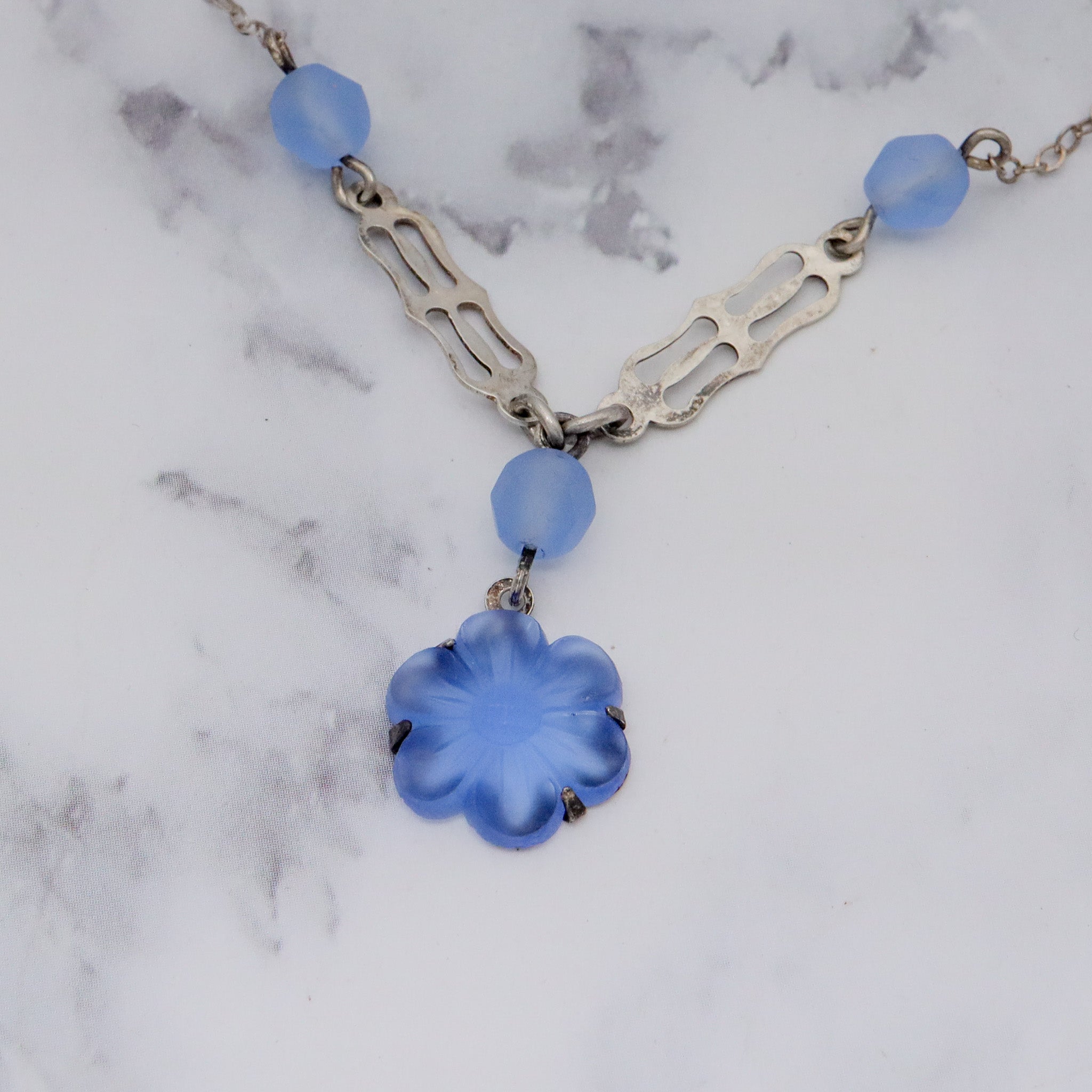 Antique Art Deco sterling silver & frosted molded glass child’s necklace and bracelet set