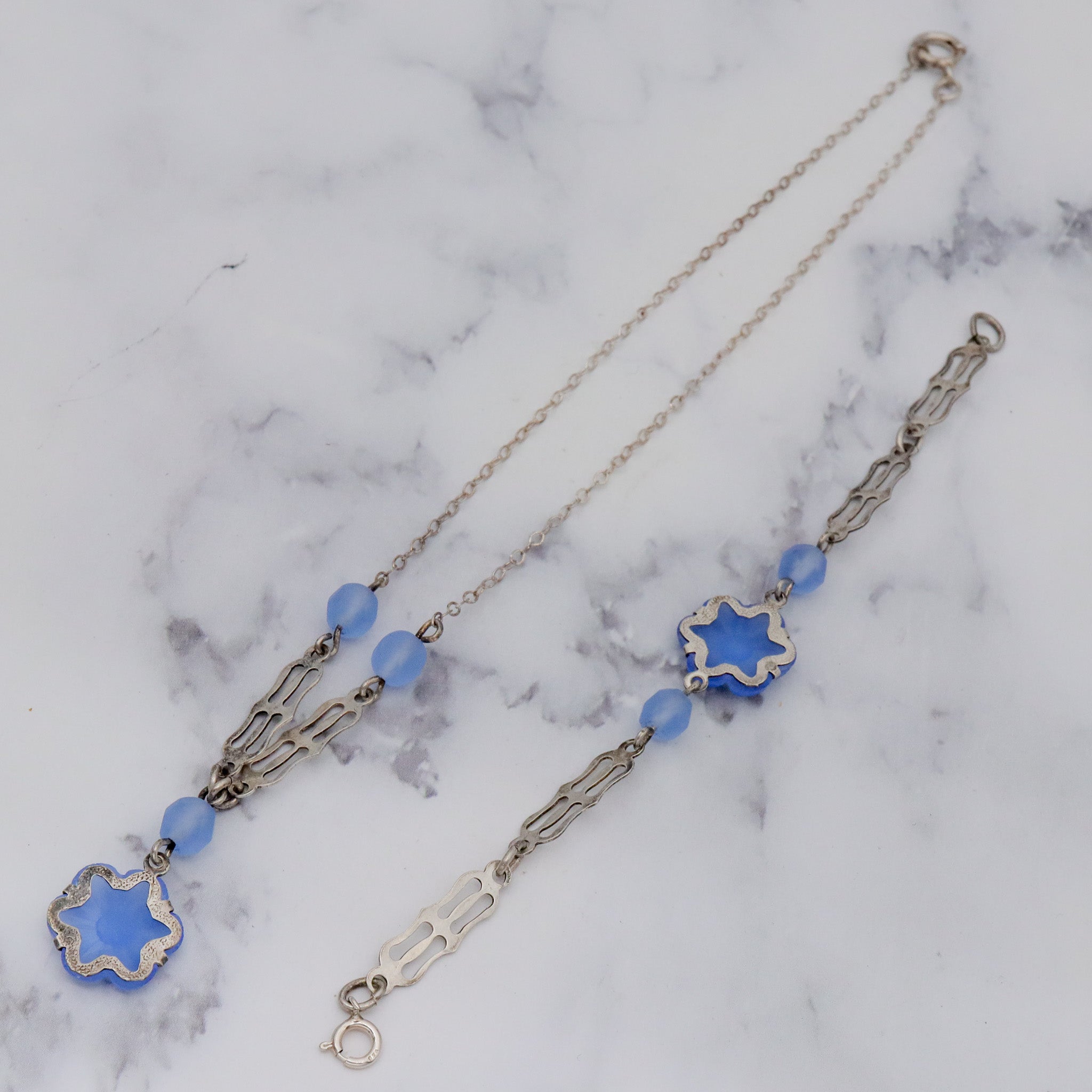 Antique Art Deco sterling silver & frosted molded glass child’s necklace and bracelet set