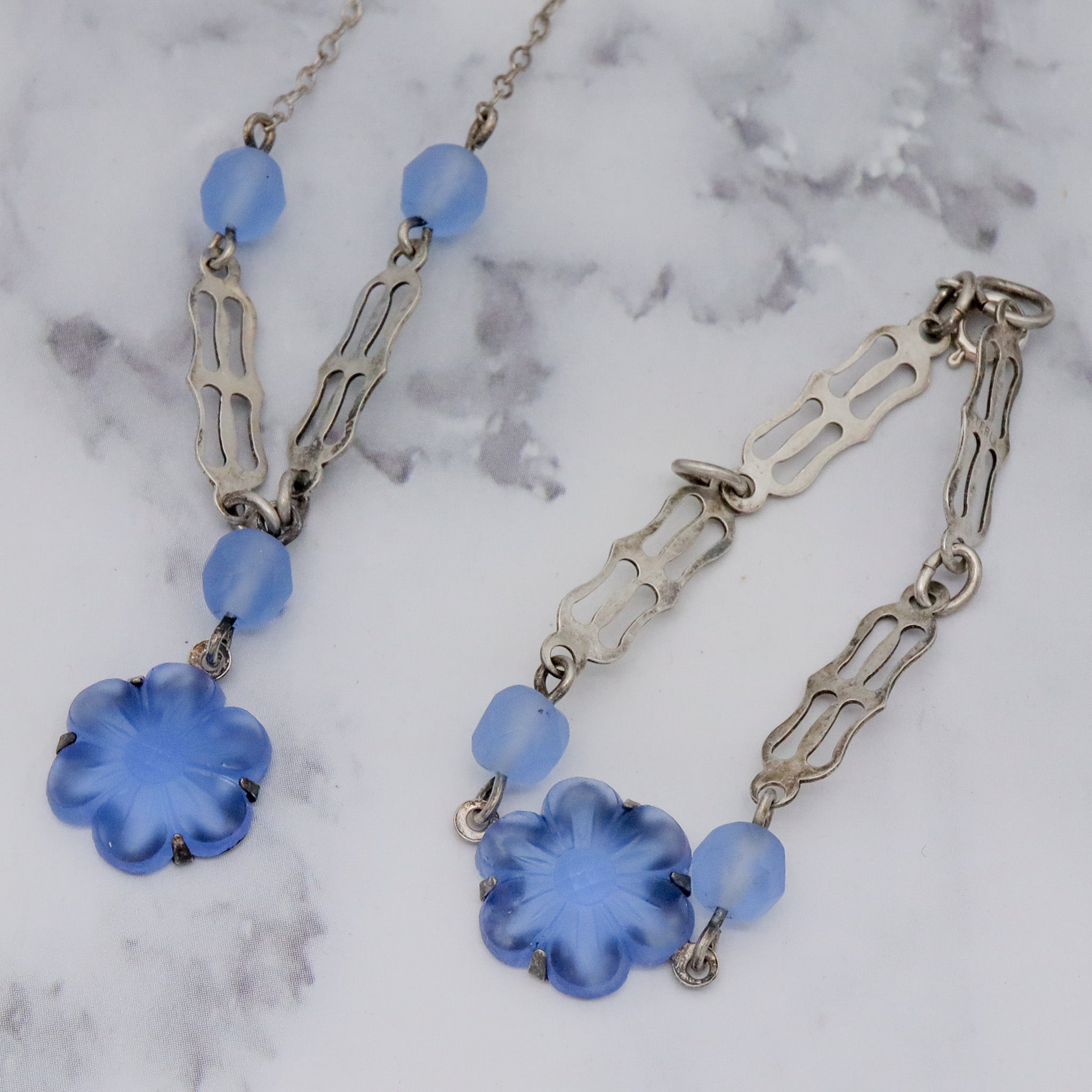 Antique Art Deco sterling silver & frosted molded glass child’s necklace and bracelet set