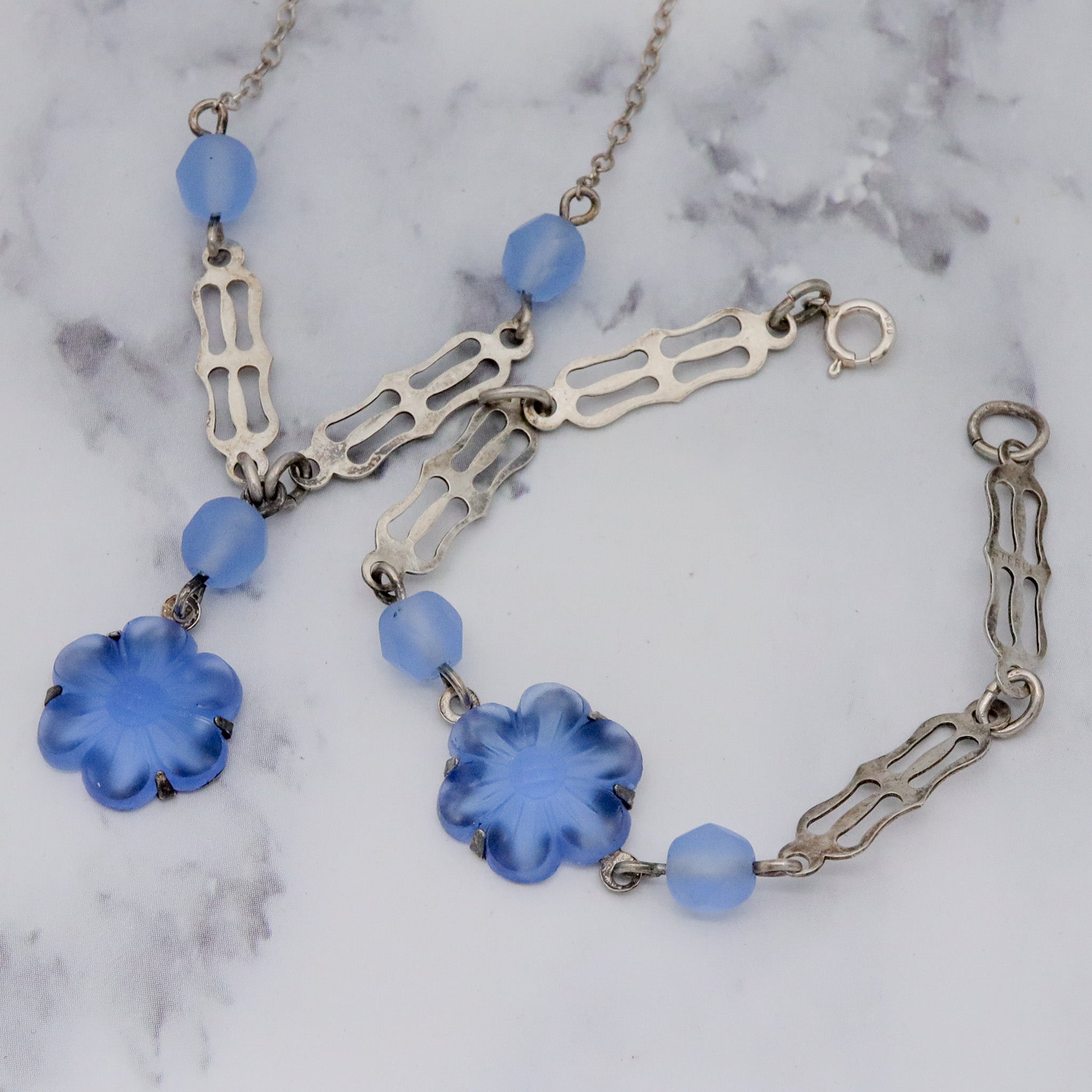 Antique Art Deco sterling silver & frosted molded glass child’s necklace and bracelet set