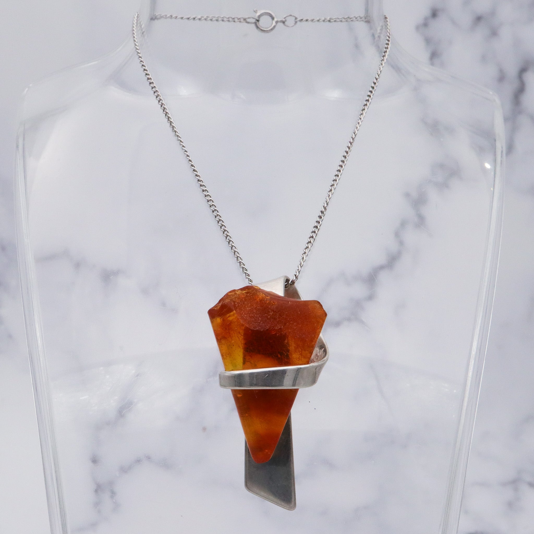 Mid Century sterling silver Baltic amber triangle pendant