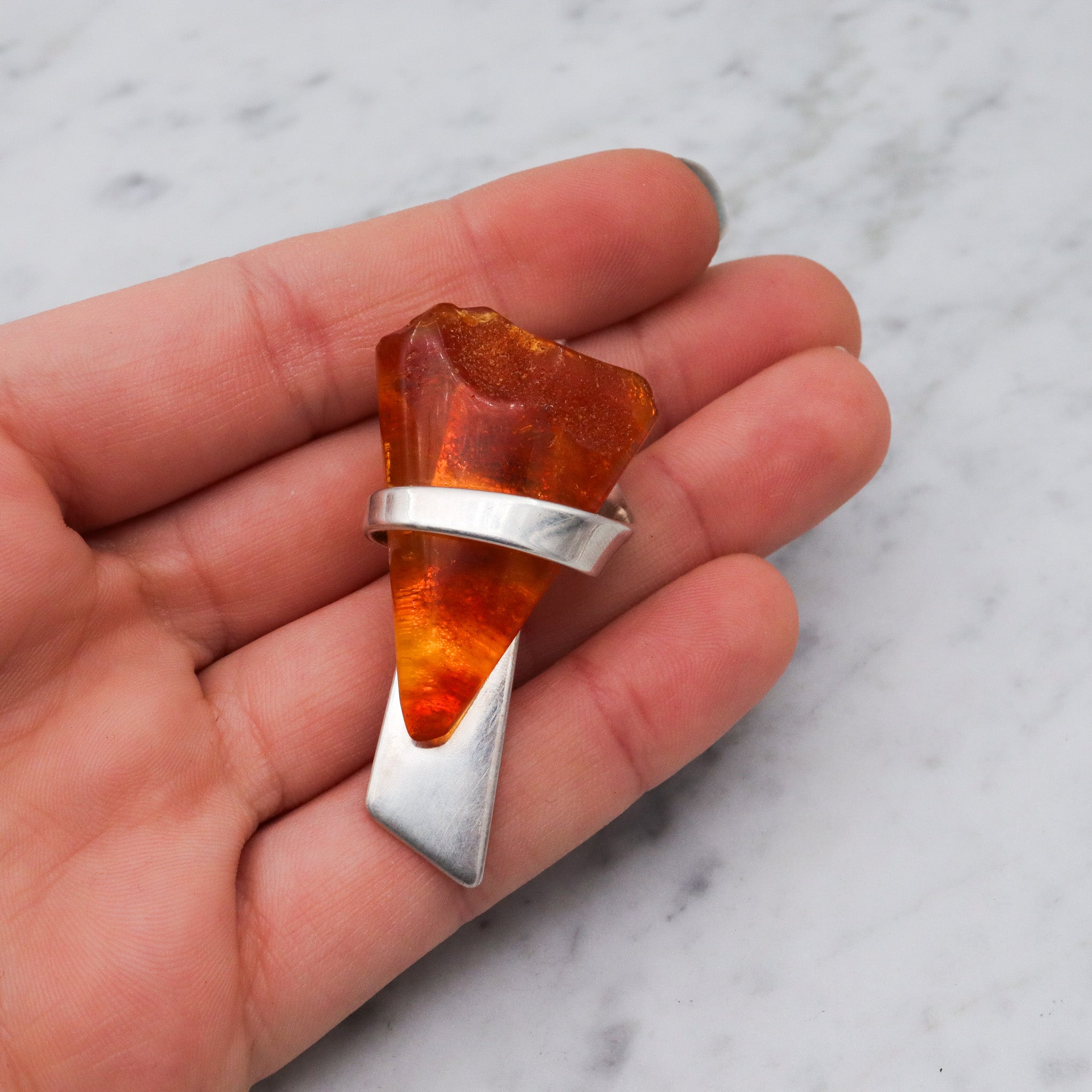 Mid Century sterling silver Baltic amber triangle pendant