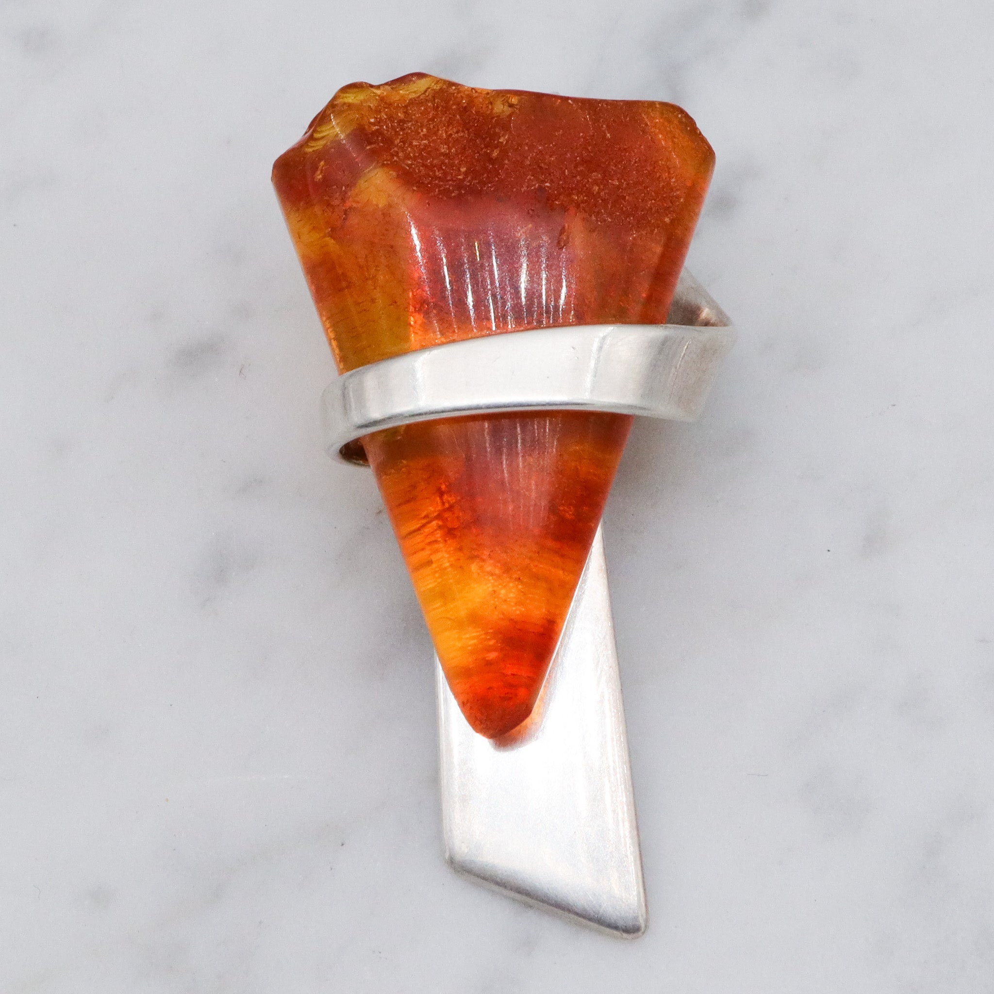 Mid Century sterling silver Baltic amber triangle pendant
