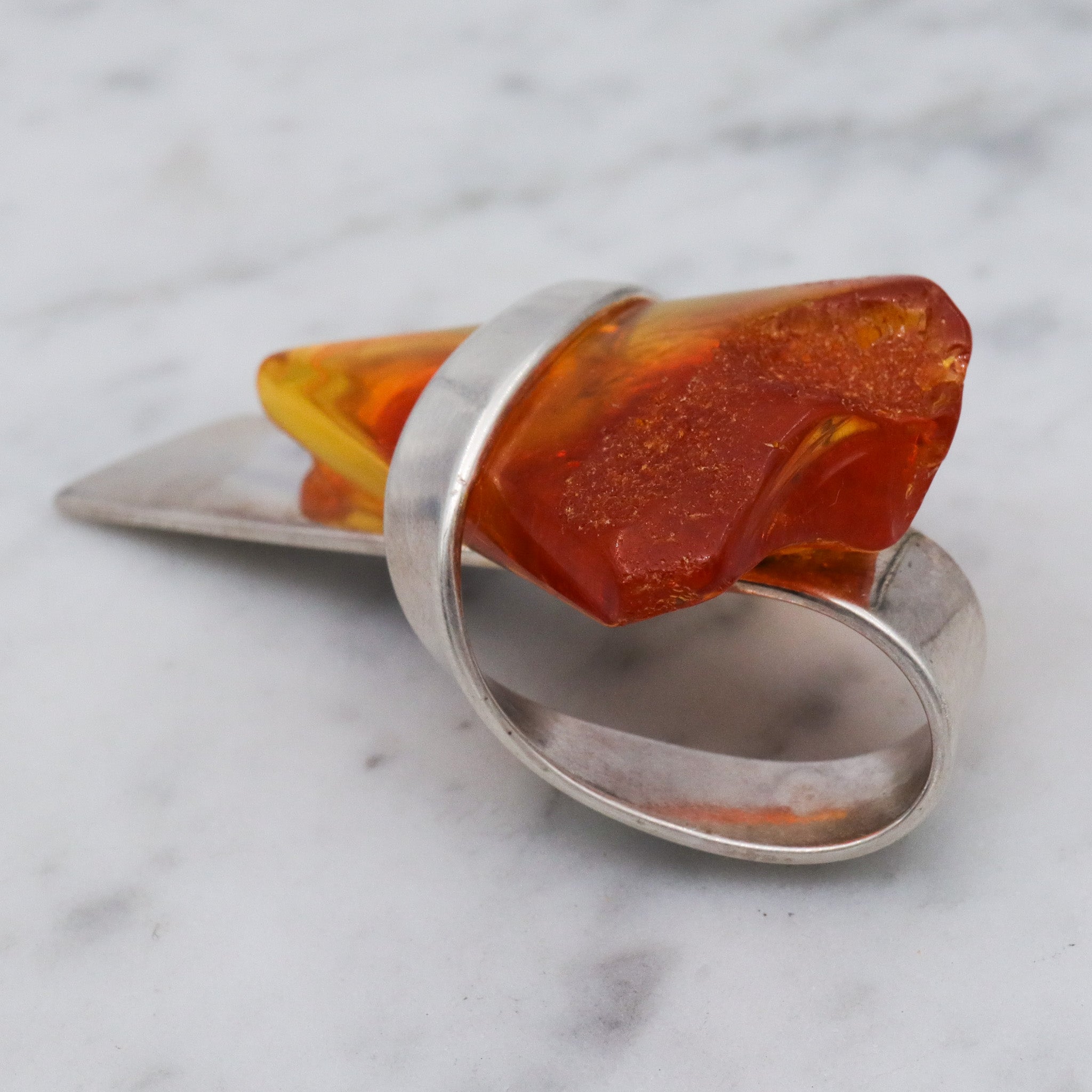 Mid Century sterling silver Baltic amber triangle pendant