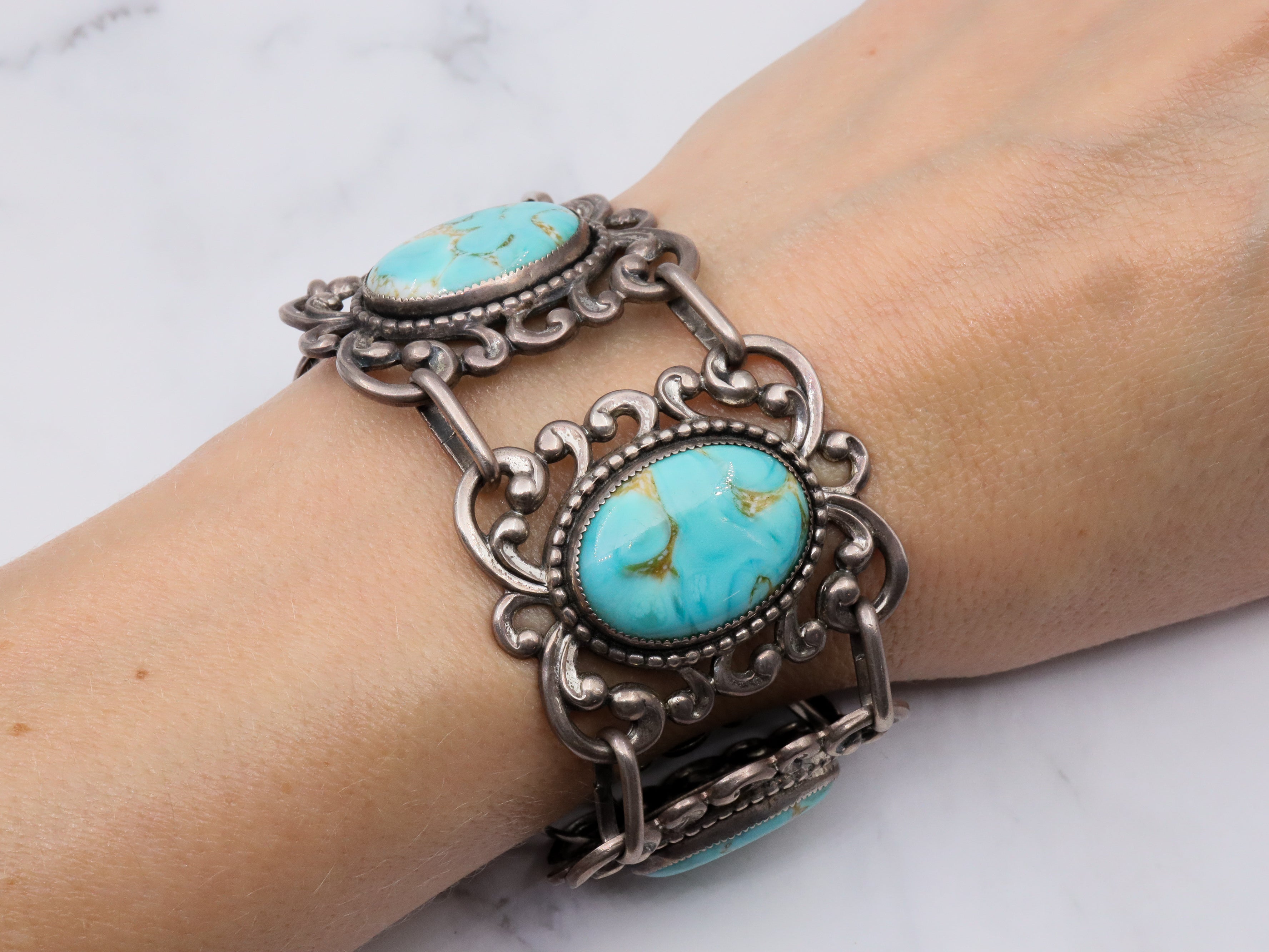Vintage Mid Century Danecraft sterling silver panel bracelet with turquoise art glass cabochons