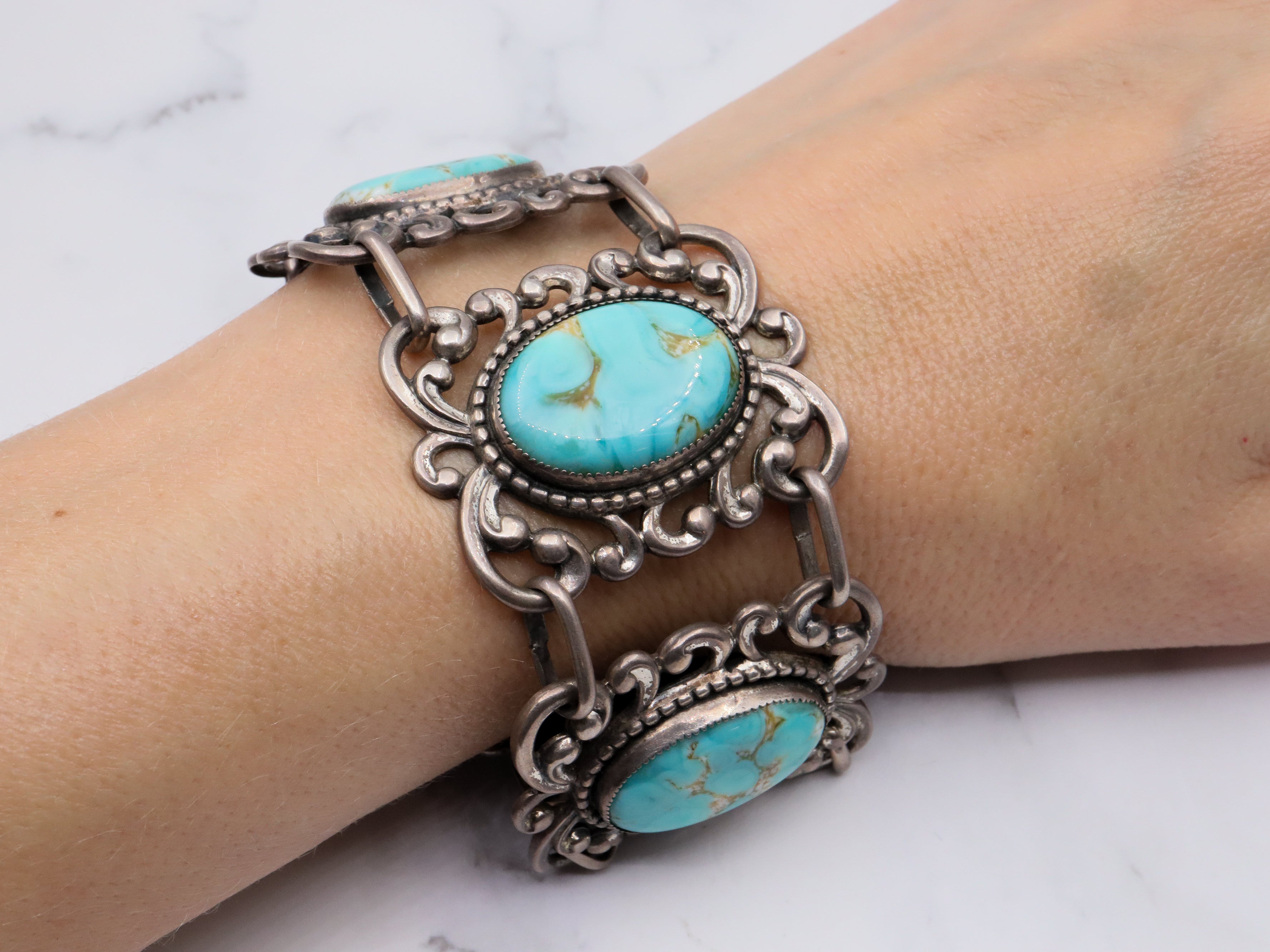 Vintage Mid Century Danecraft sterling silver panel bracelet with turquoise art glass cabochons