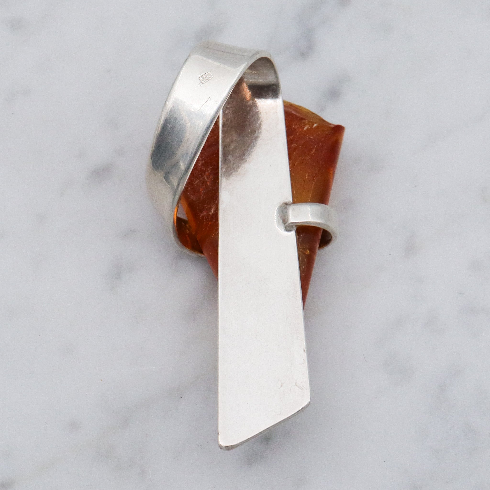 Mid Century sterling silver Baltic amber triangle pendant