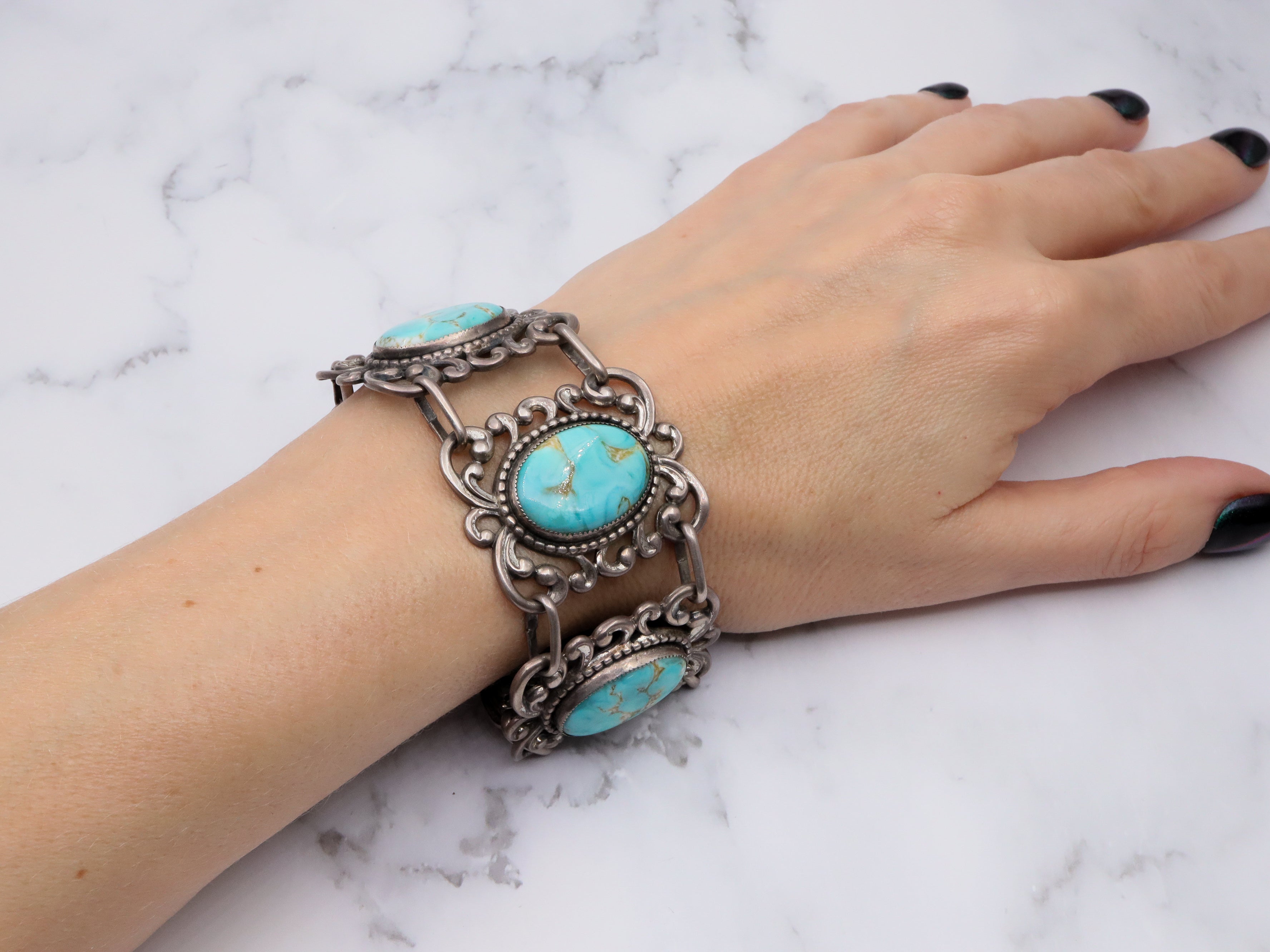 Vintage Mid Century Danecraft sterling silver panel bracelet with turquoise art glass cabochons