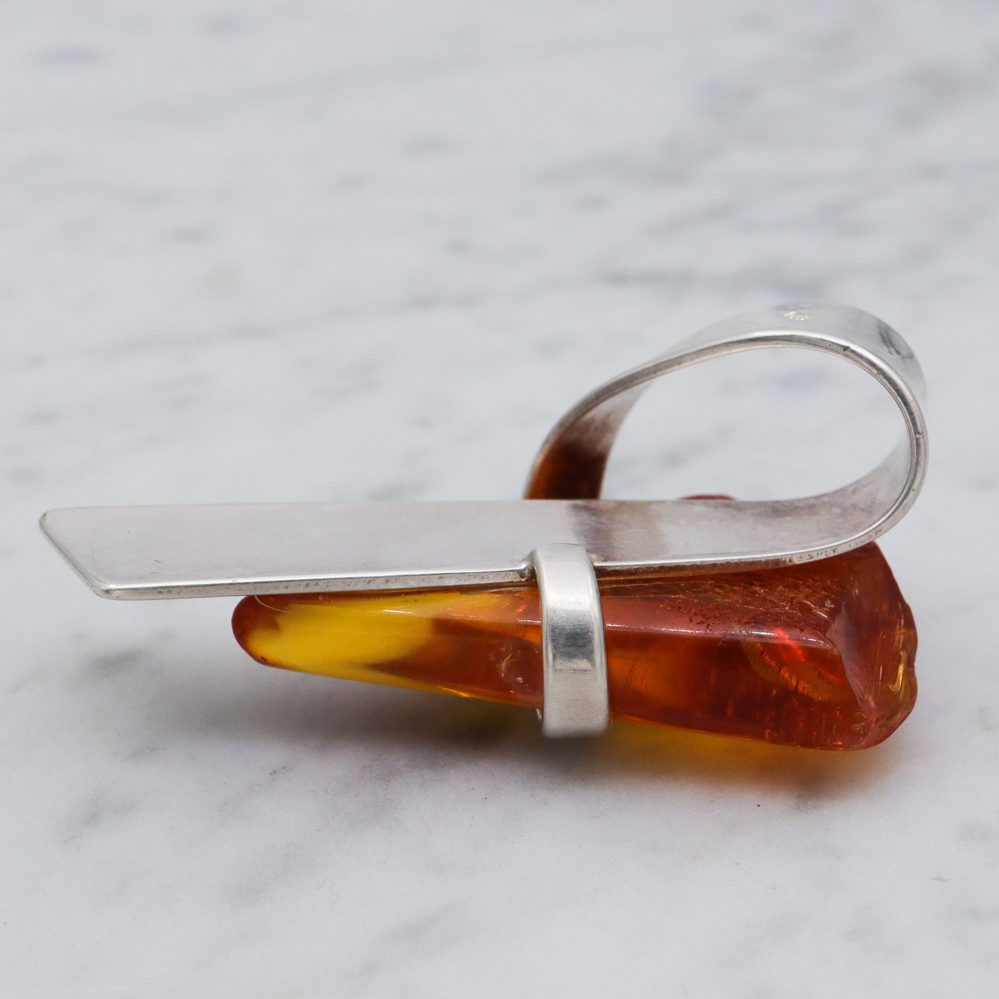 Mid Century sterling silver Baltic amber triangle pendant