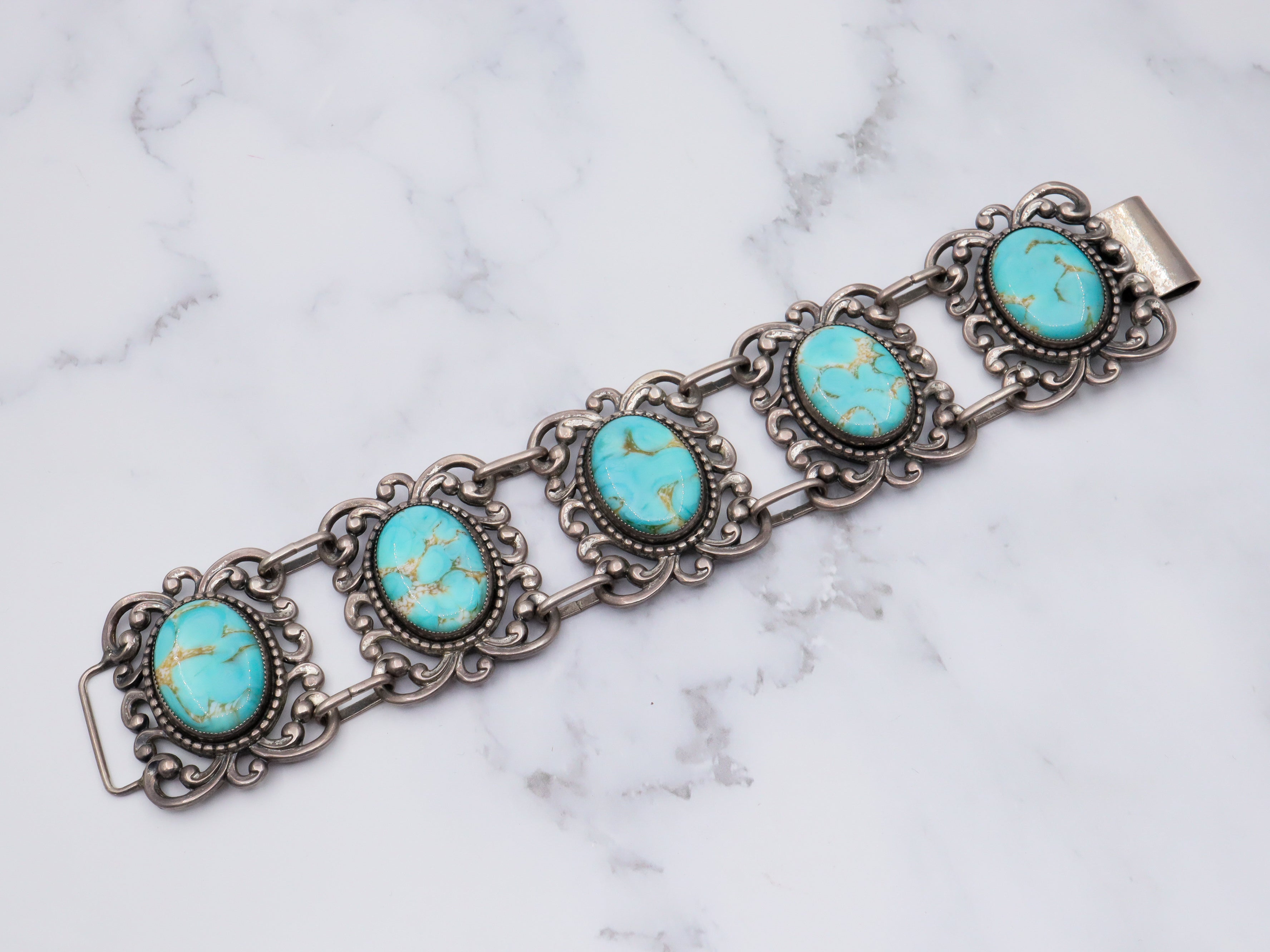 Vintage Mid Century Danecraft sterling silver panel bracelet with turquoise art glass cabochons