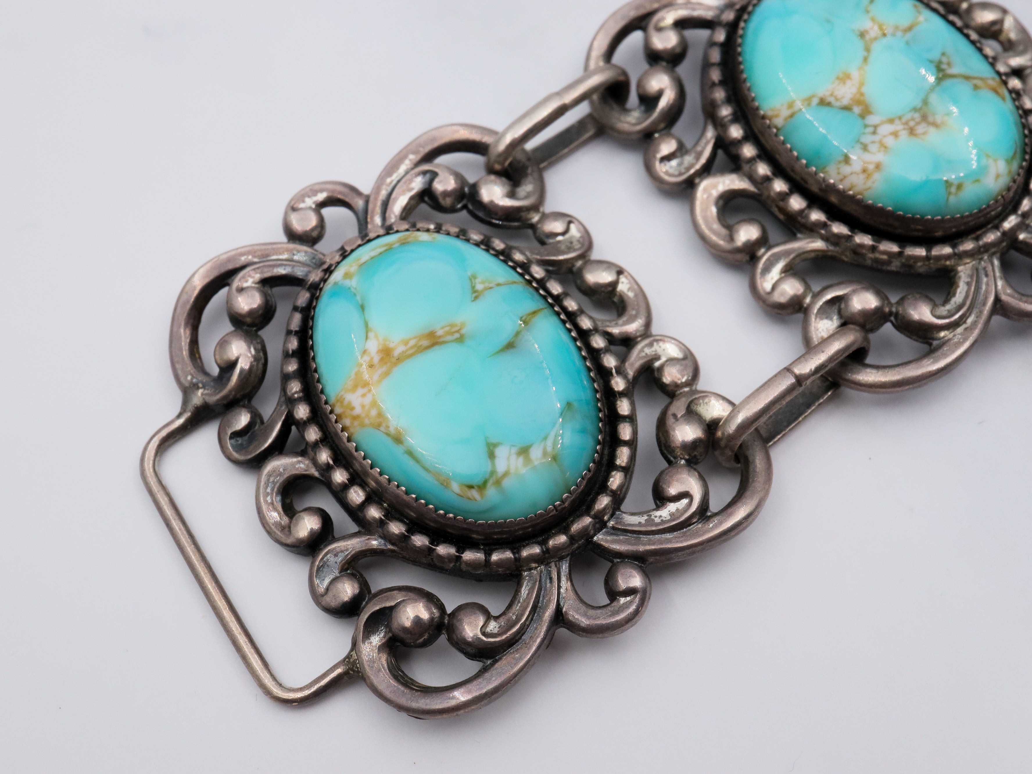 Vintage Mid Century Danecraft sterling silver panel bracelet with turquoise art glass cabochons