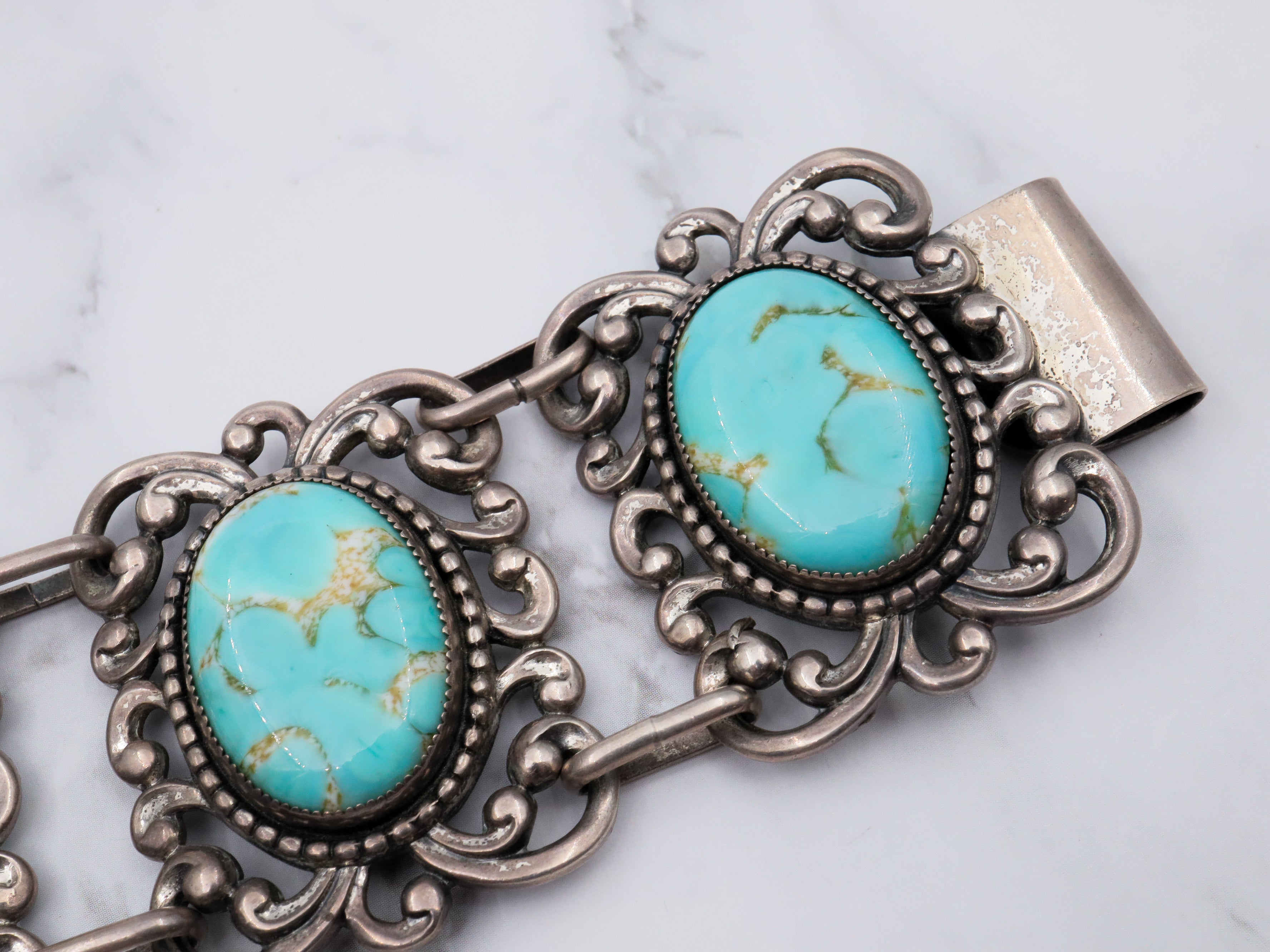 Vintage Mid Century Danecraft sterling silver panel bracelet with turquoise art glass cabochons