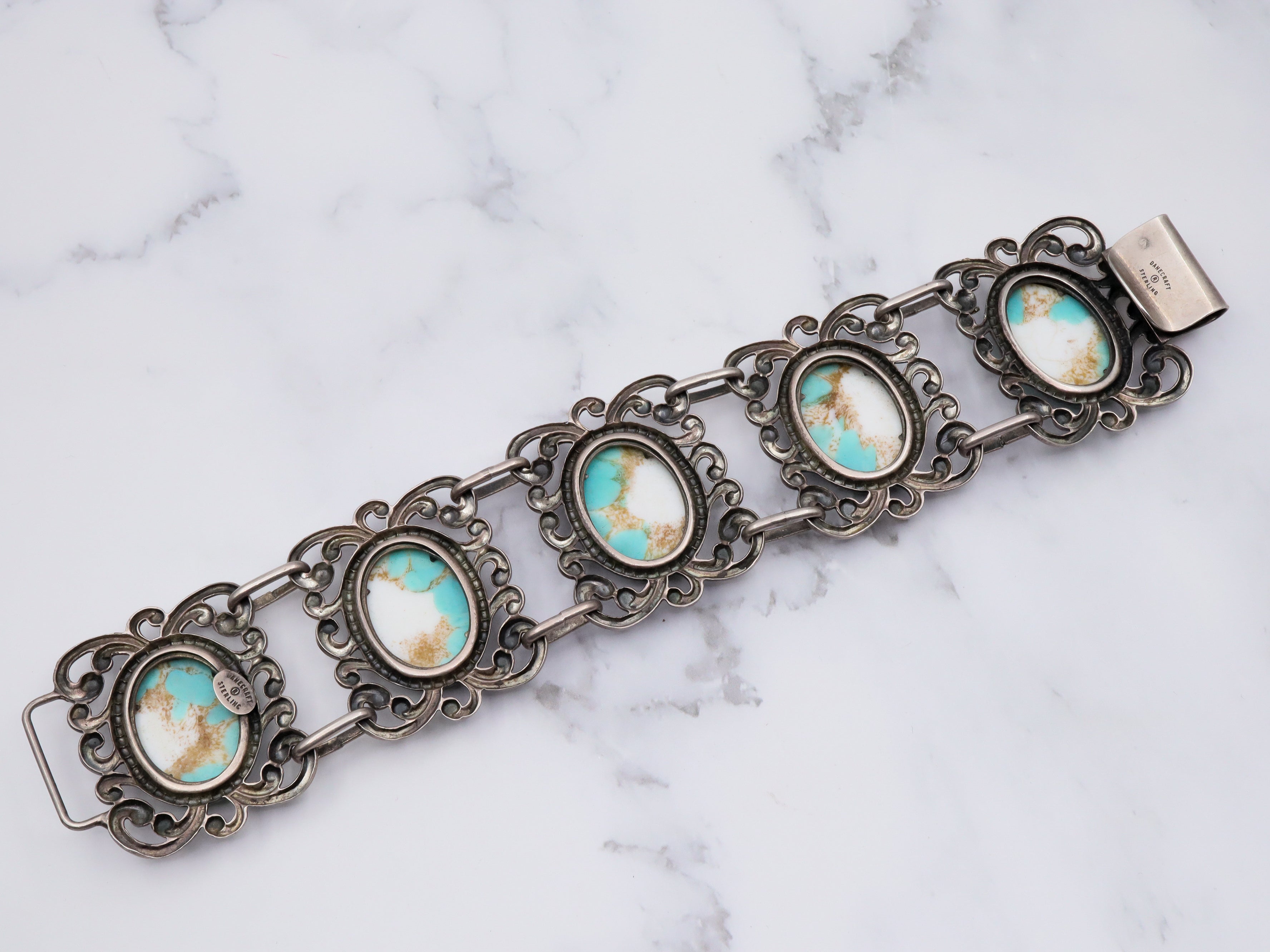 Vintage Mid Century Danecraft sterling silver panel bracelet with turquoise art glass cabochons