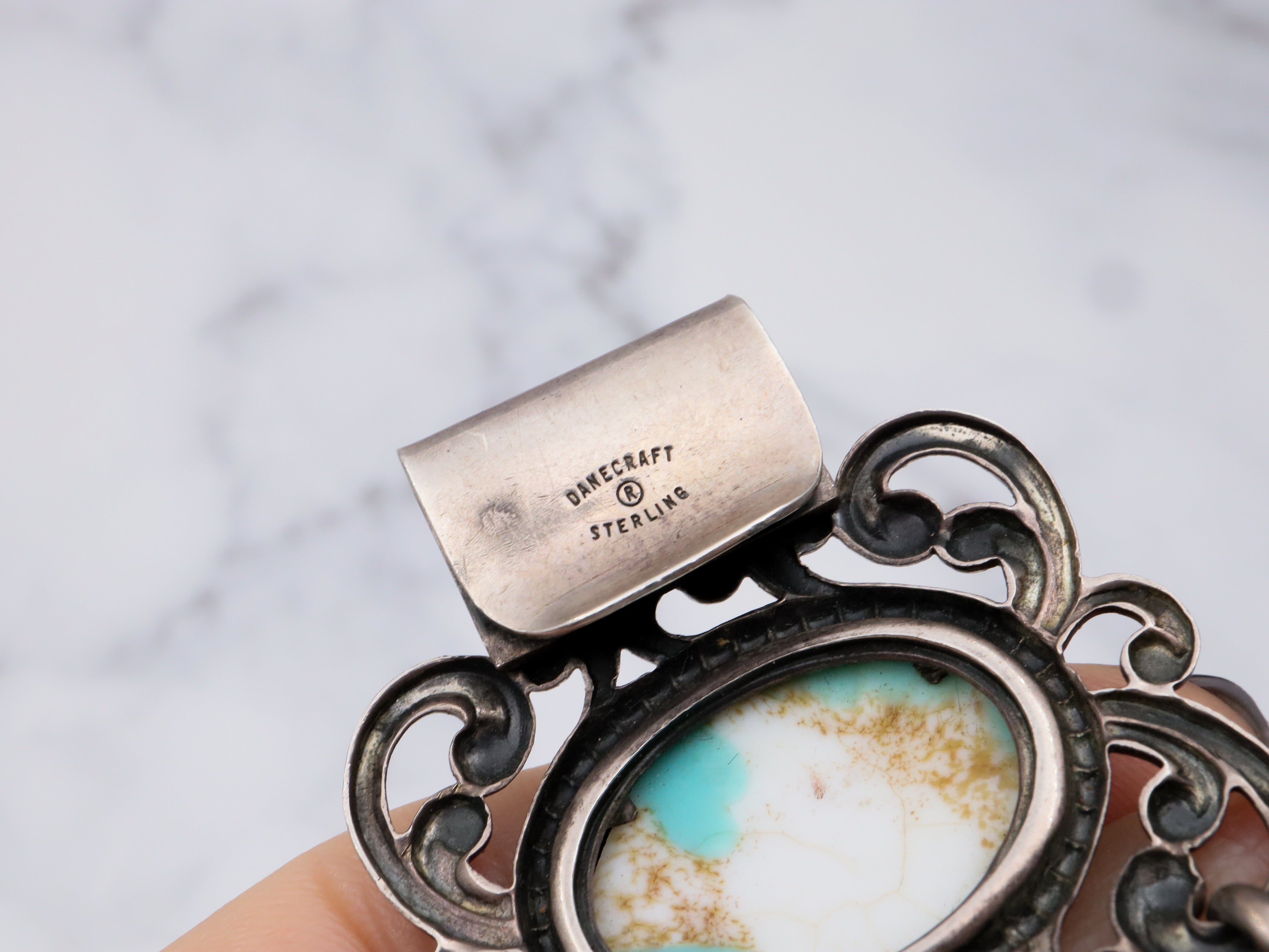 Vintage Mid Century Danecraft sterling silver panel bracelet with turquoise art glass cabochons