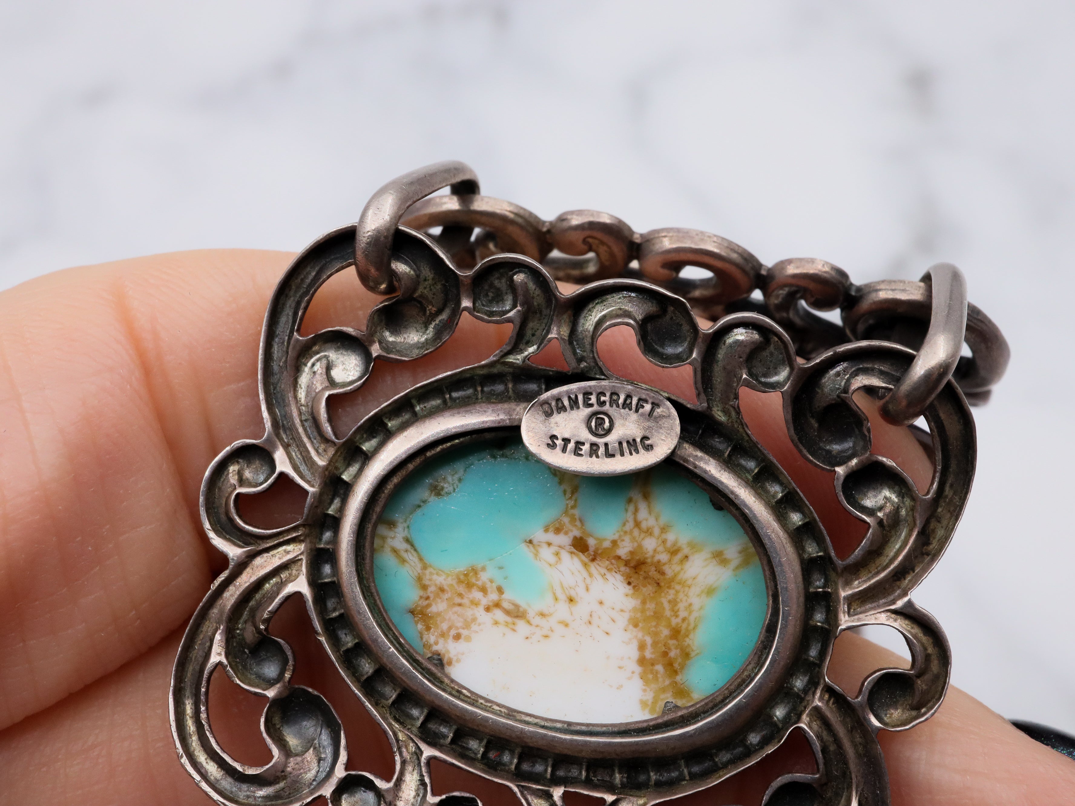 Vintage Mid Century Danecraft sterling silver panel bracelet with turquoise art glass cabochons