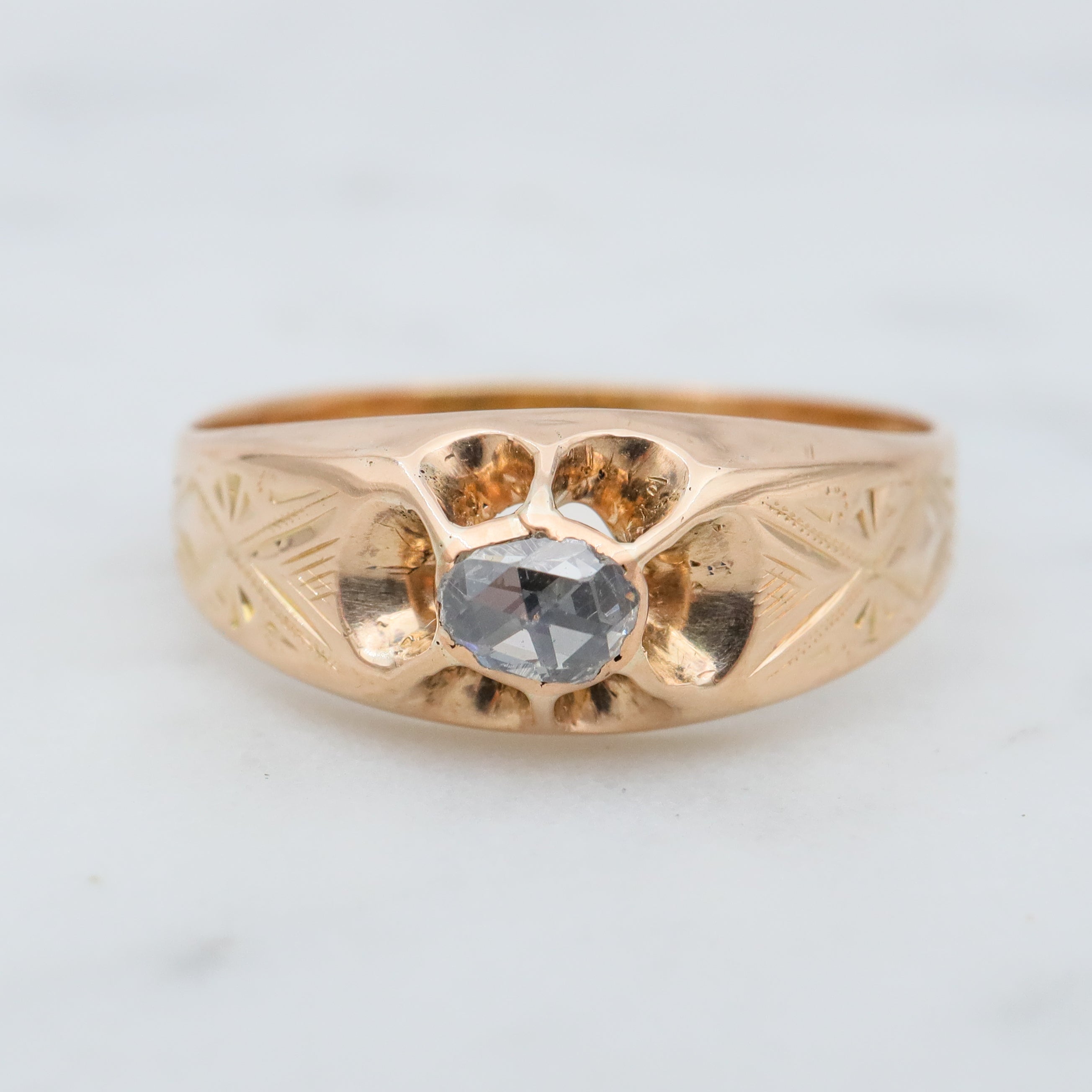 Early Victorian 14k gold rose cut diamond ring, sz 6.5