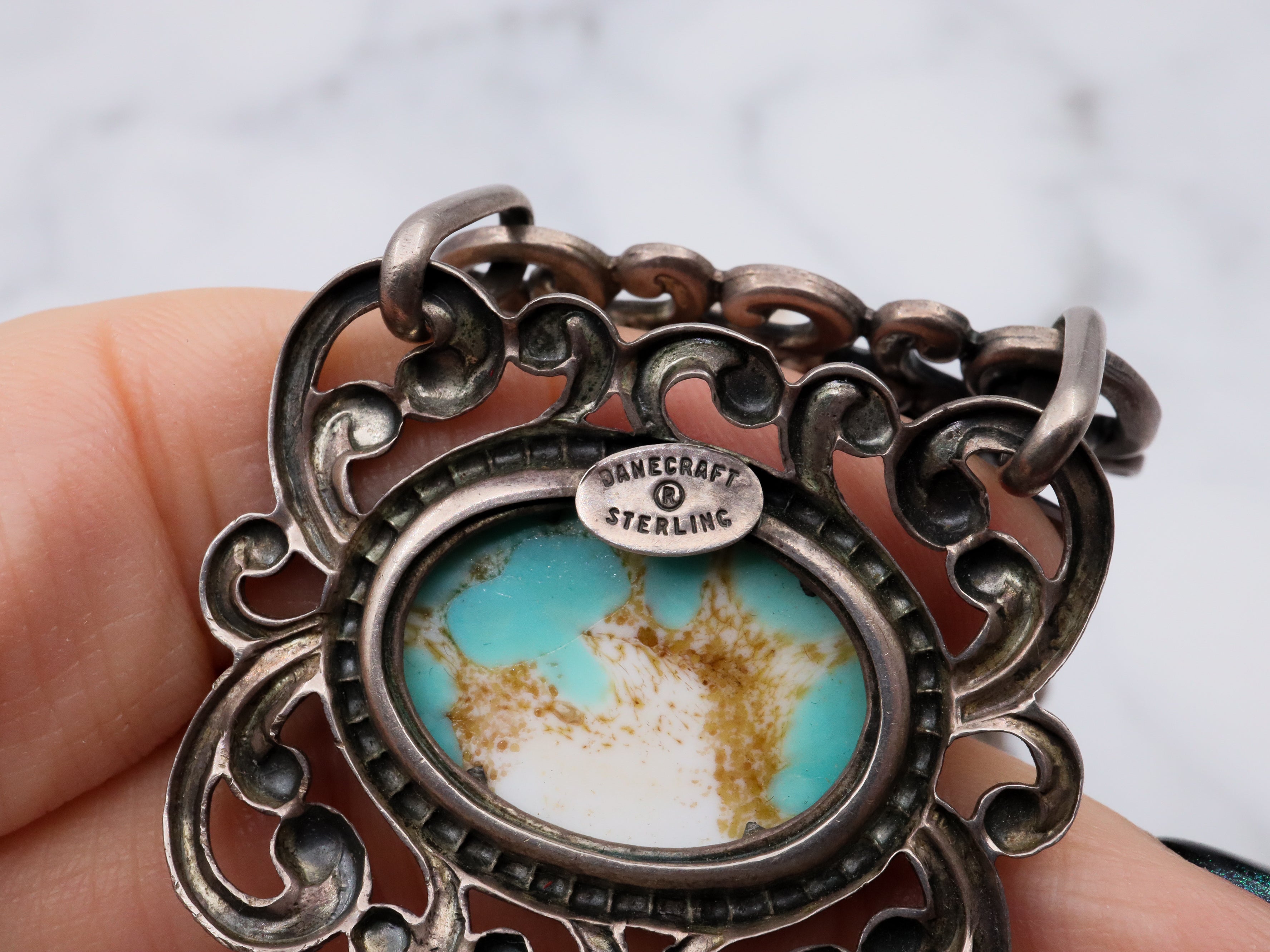 Vintage Mid Century Danecraft sterling silver panel bracelet with turquoise art glass cabochons