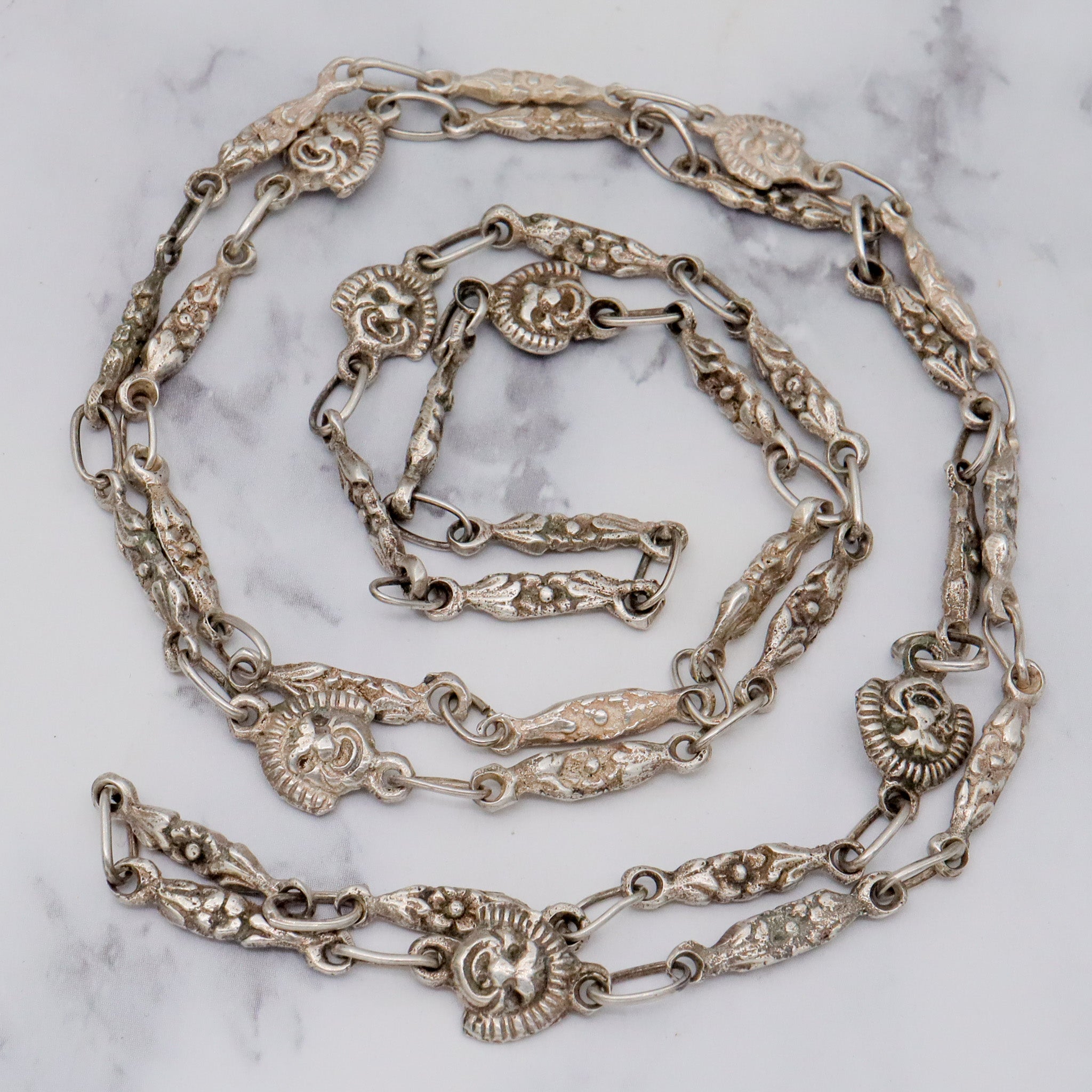 Vintage sterling Mexican Mayan mask link, long chain necklace 32”