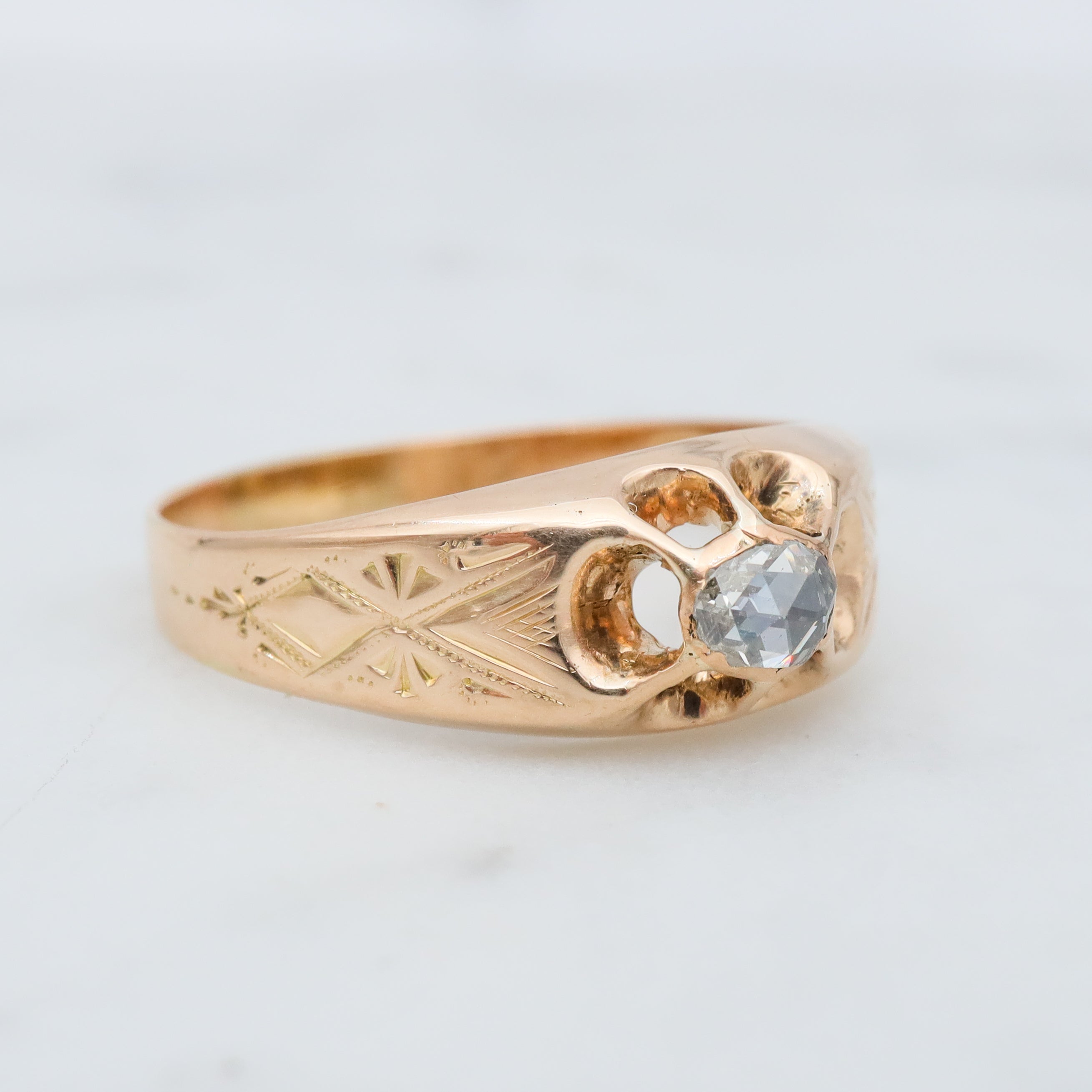Early Victorian 14k gold rose cut diamond ring, sz 6.5