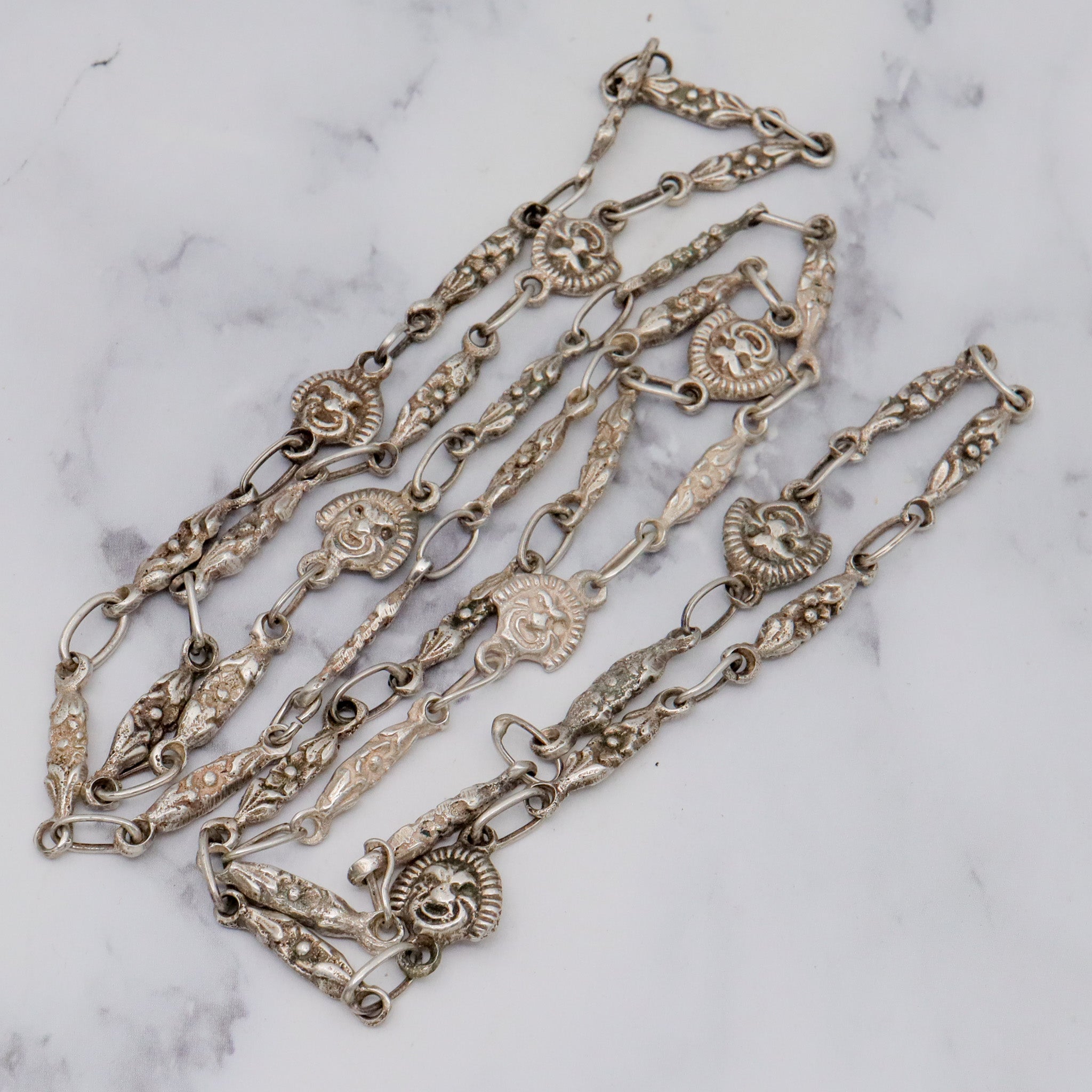 Vintage sterling Mexican Mayan mask link, long chain necklace 32”