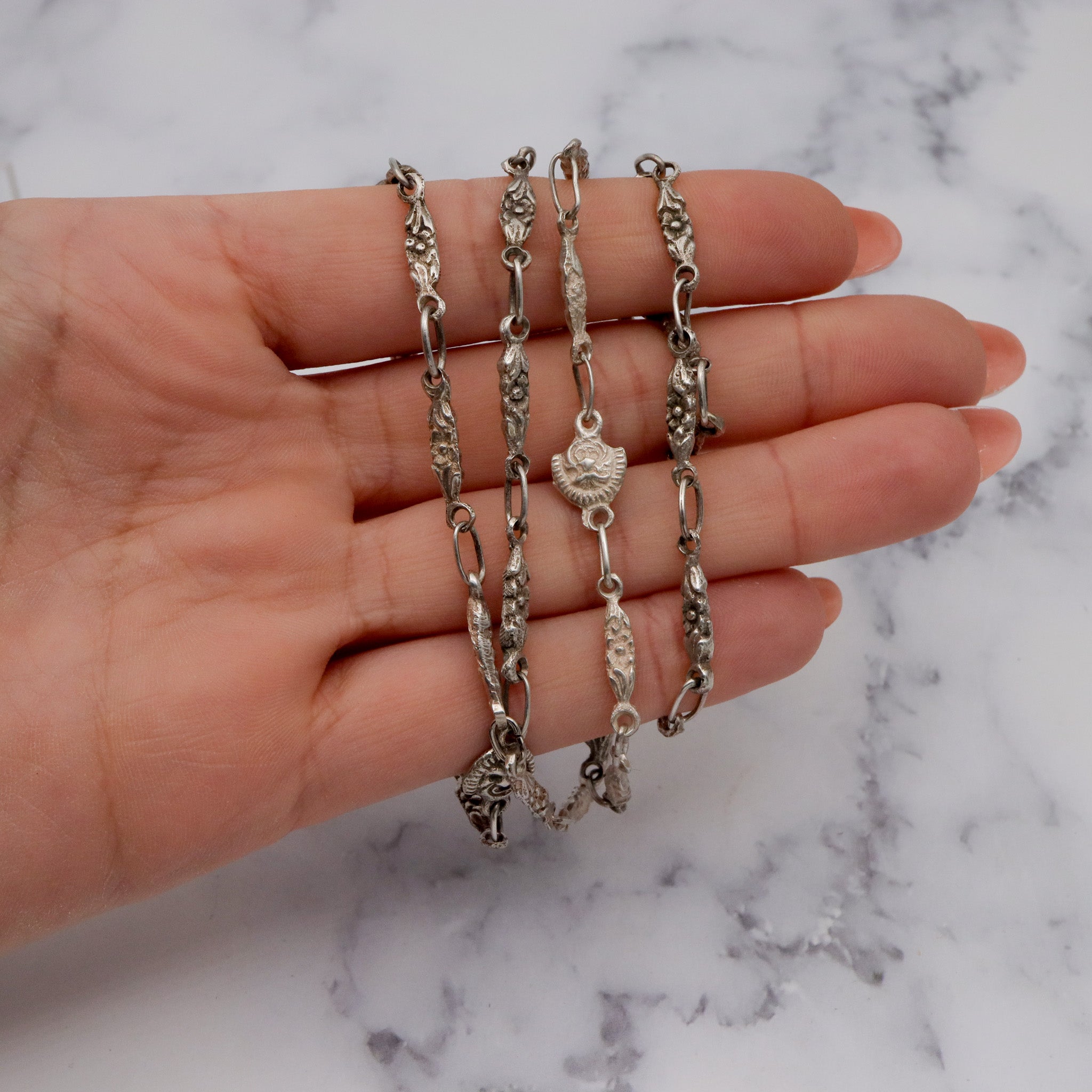 Vintage sterling Mexican Mayan mask link, long chain necklace 32”