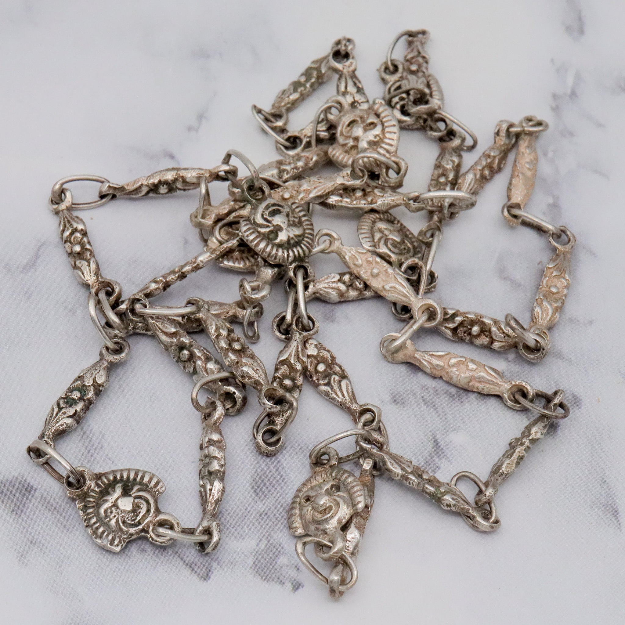 Vintage sterling Mexican Mayan mask link, long chain necklace 32”