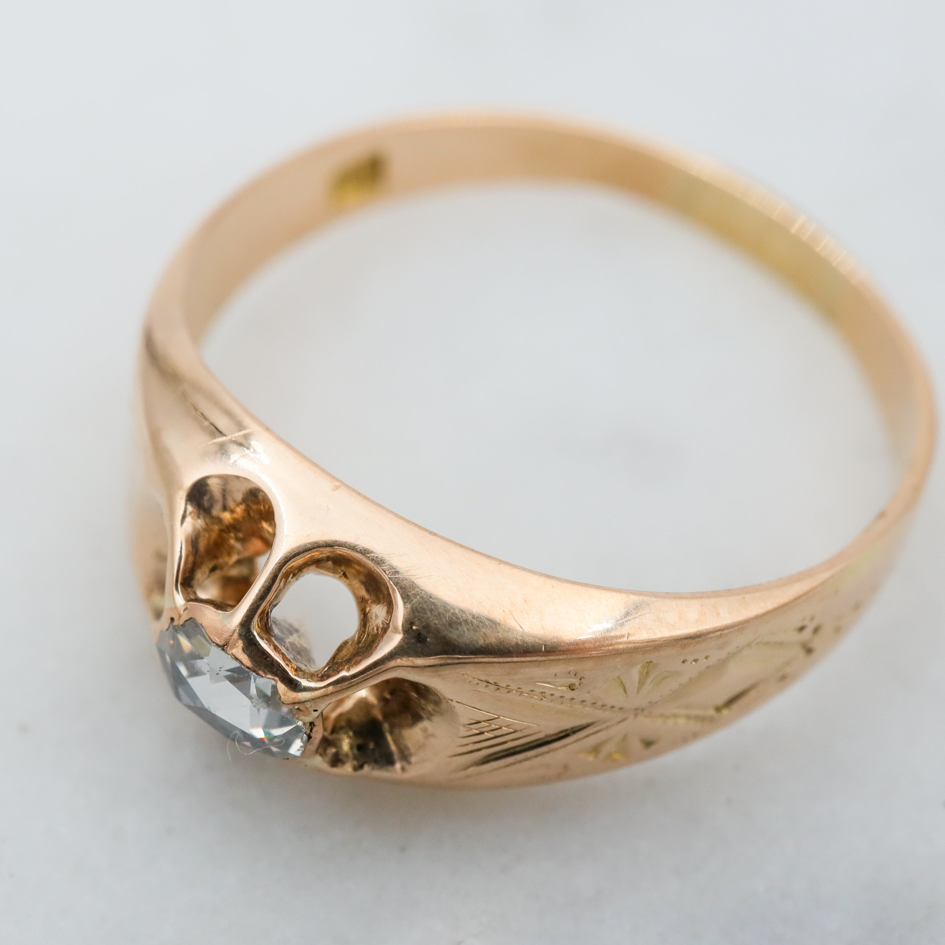 Early Victorian 14k gold rose cut diamond ring, sz 6.5